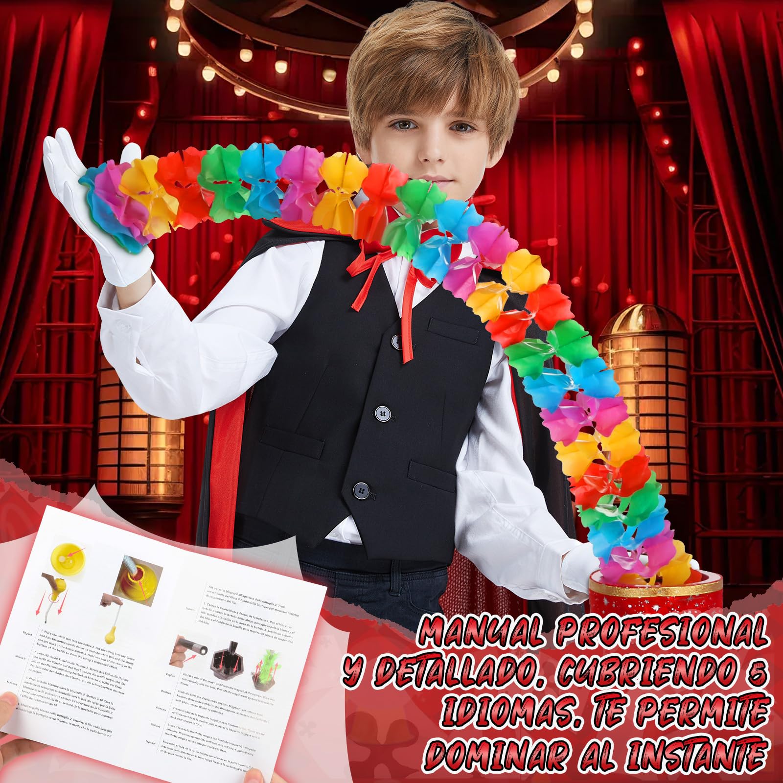 BuzzoXerex Juego de Magia, Disfraz Mago Niño con Accesorios de Mago e Instrucciones, Juego de Magia Niños 6 7 8 9 10 11 12 Años para Carnaval