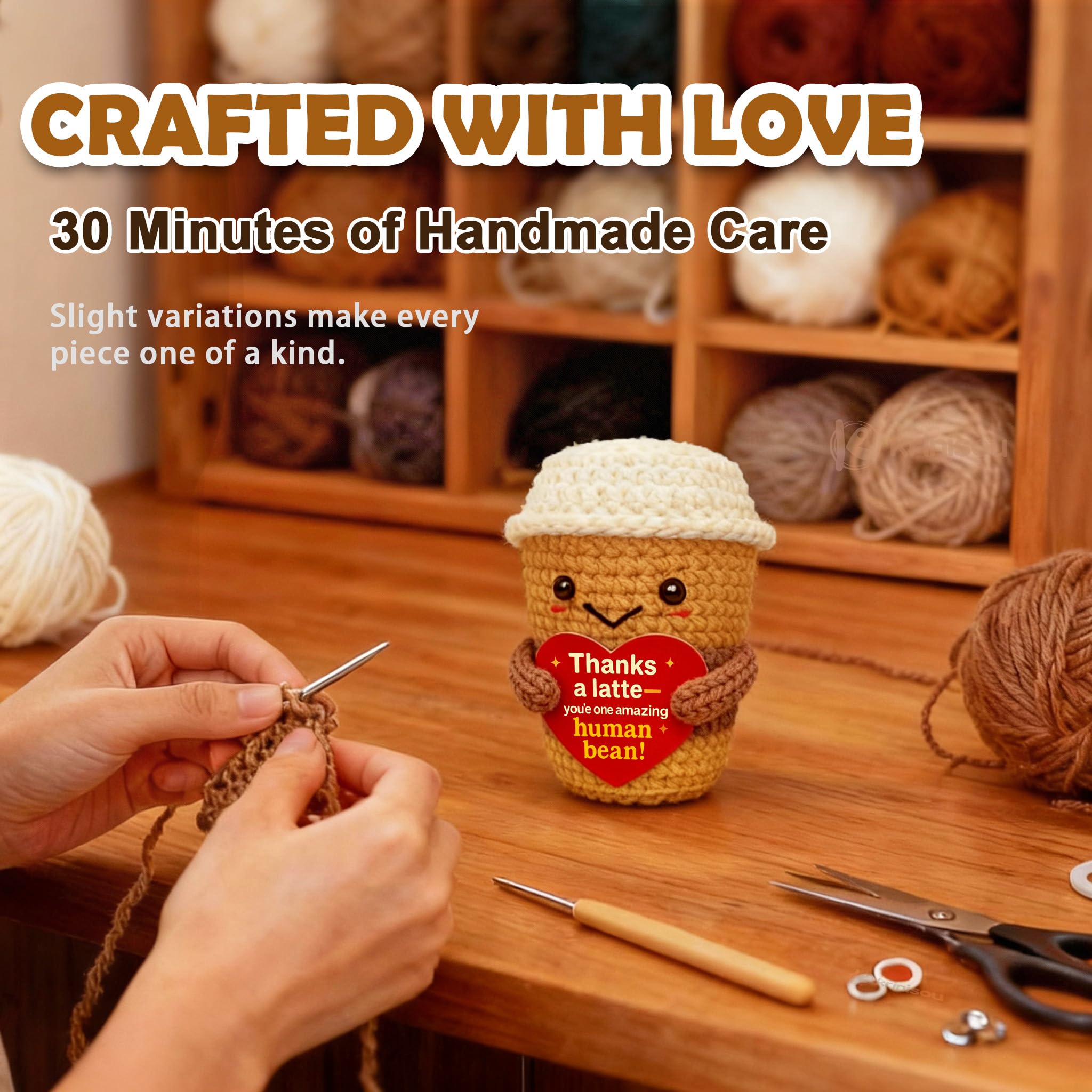 Thank You & Appreciation Gift for Women Men, Coworkers, Teachers, Friends – Cute Handmade Crochet “Thanks a Latte” Coffee Cup Plush for Coffee Lovers