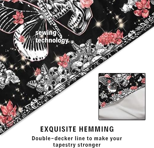 Miniatura 6 de D-Story Tapiz para colgar en la pared, tapiz de calavera, esqueleto, luna, mariposa, flores, decoración del hogar, tapiz de pared de calavera, telón