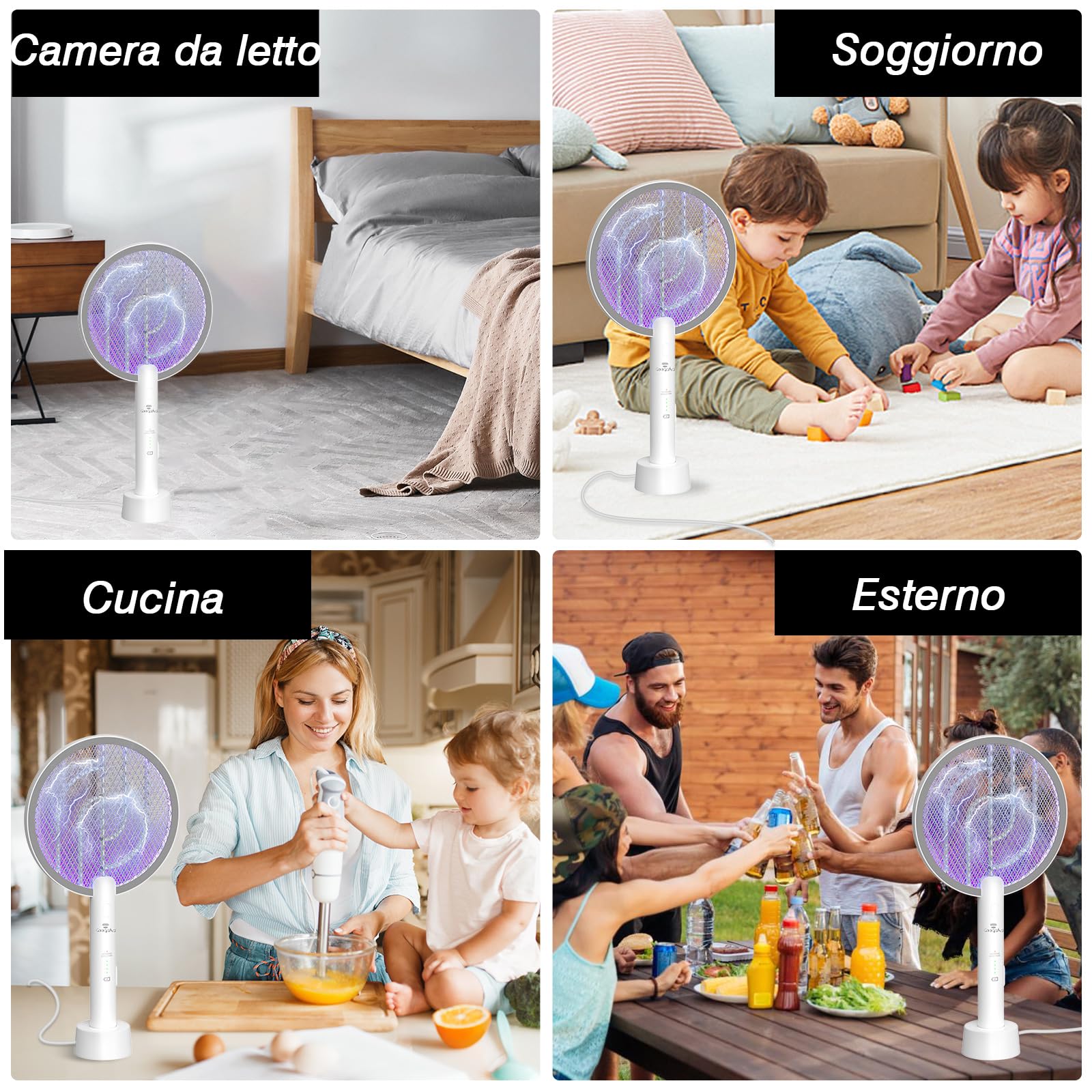 2 Pezzi LED Racchetta Zanzare Elettrica, 4000 Ricaricabile 2-In-1 Racchetta Zanzare Elettrico con USB, Protezione Maglia a 3 Strati, Adatto per Campeggio Interni ed Esterni Bianco