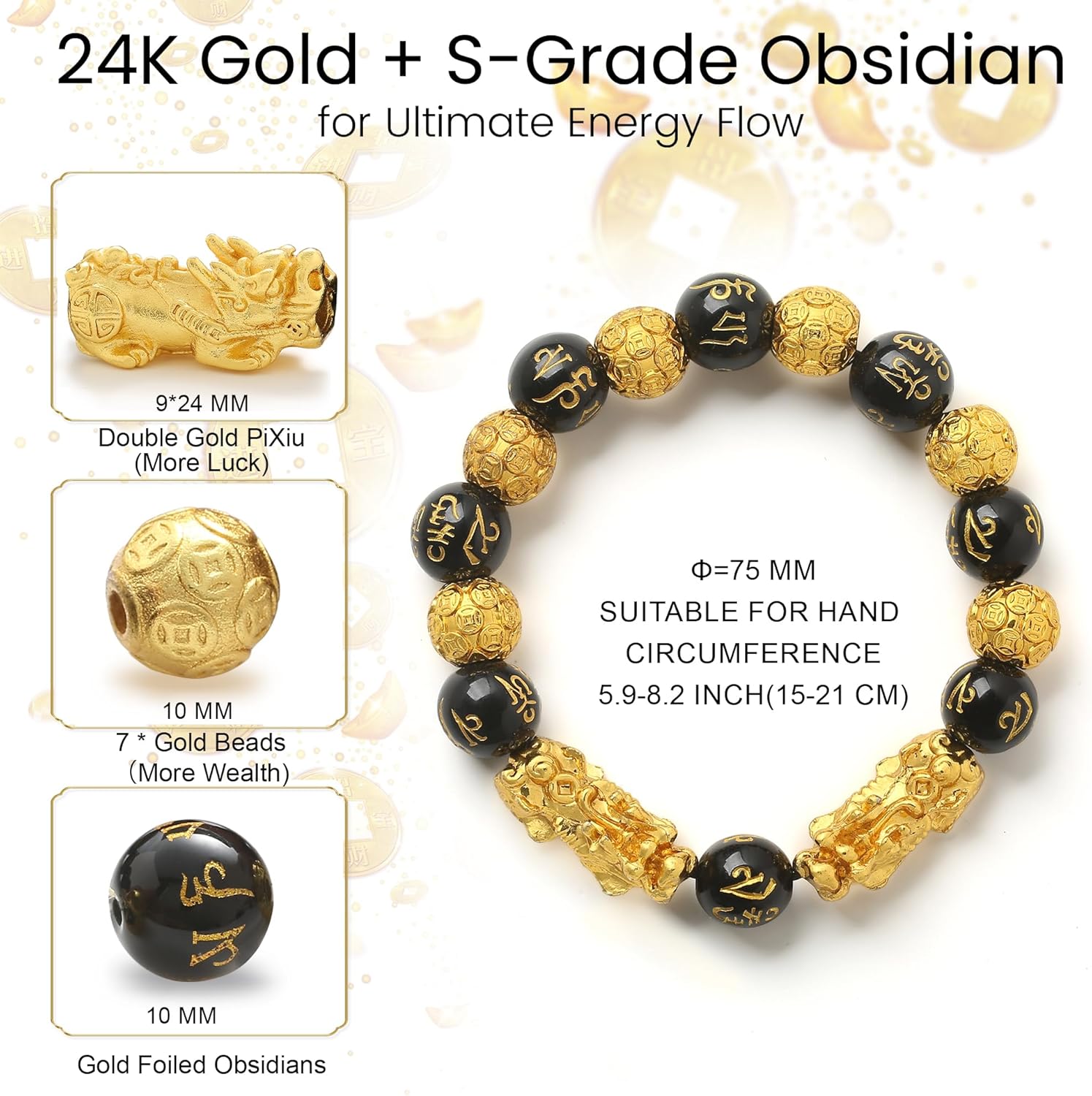 KINLNGEE Dual 24K Gold Plated Pixiu Feng Shui Obsidian Bracelet, Lucky Wealth Charm & Dragon Protection for Men/Women, Mantra Prayer Beads Bracelets, Protective Amulet Gift, Jewelry Gifts(10mm) - Image 2