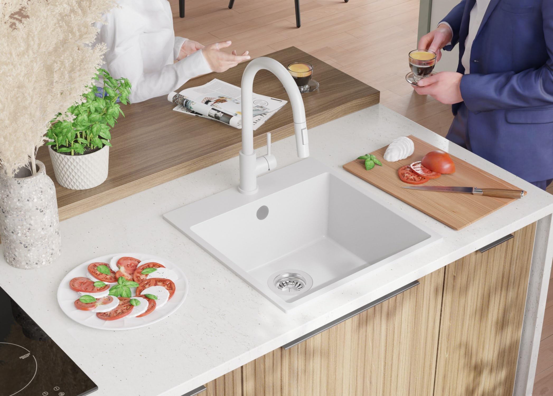 PRIMAGRAN Fregadero Granito Blanco 48x50cm, Cocina 1 Seno + Grifo 32x20cm + Sifón, Sobre Encimera al Mueble 50cm - Riga S227