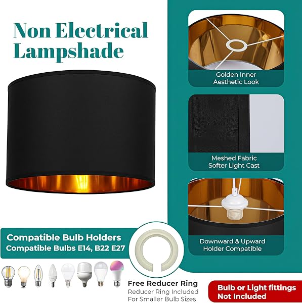 GIGGI Fabric Lamp Shades with Golden Inner, 8" Black Lampshades for Ceiling Lights, Table Lamps & Floor Lamps, Light Shade Ceiling for Living Room, Bedroom, Kitchen, Hallway, Home Décor (Black, 8") - 5