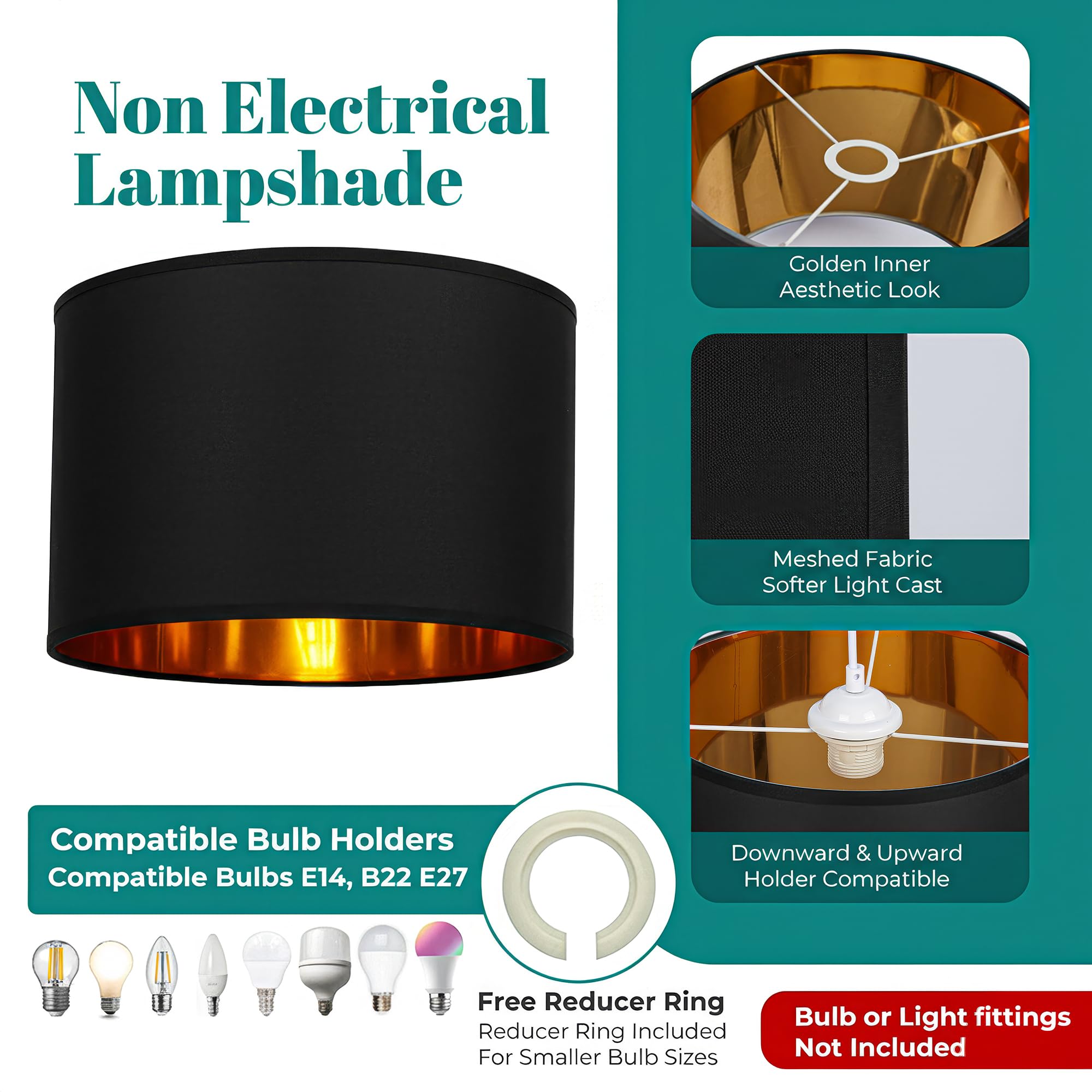 GIGGI Fabric Lamp Shades with Golden Inner, 8" Black Lampshades for Ceiling Lights, Table Lamps & Floor Lamps, Light Shade Ceiling for Living Room, Bedroom, Kitchen, Hallway, Home Décor (Black, 8") — view 5