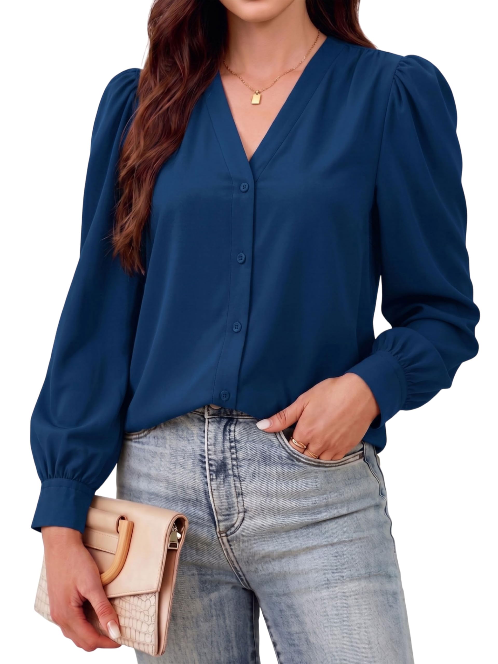 Camicette da donna Business Casual Top in raso di seta con scollo a V a maniche lunghe abbottonatura camicie da lavoro camicette