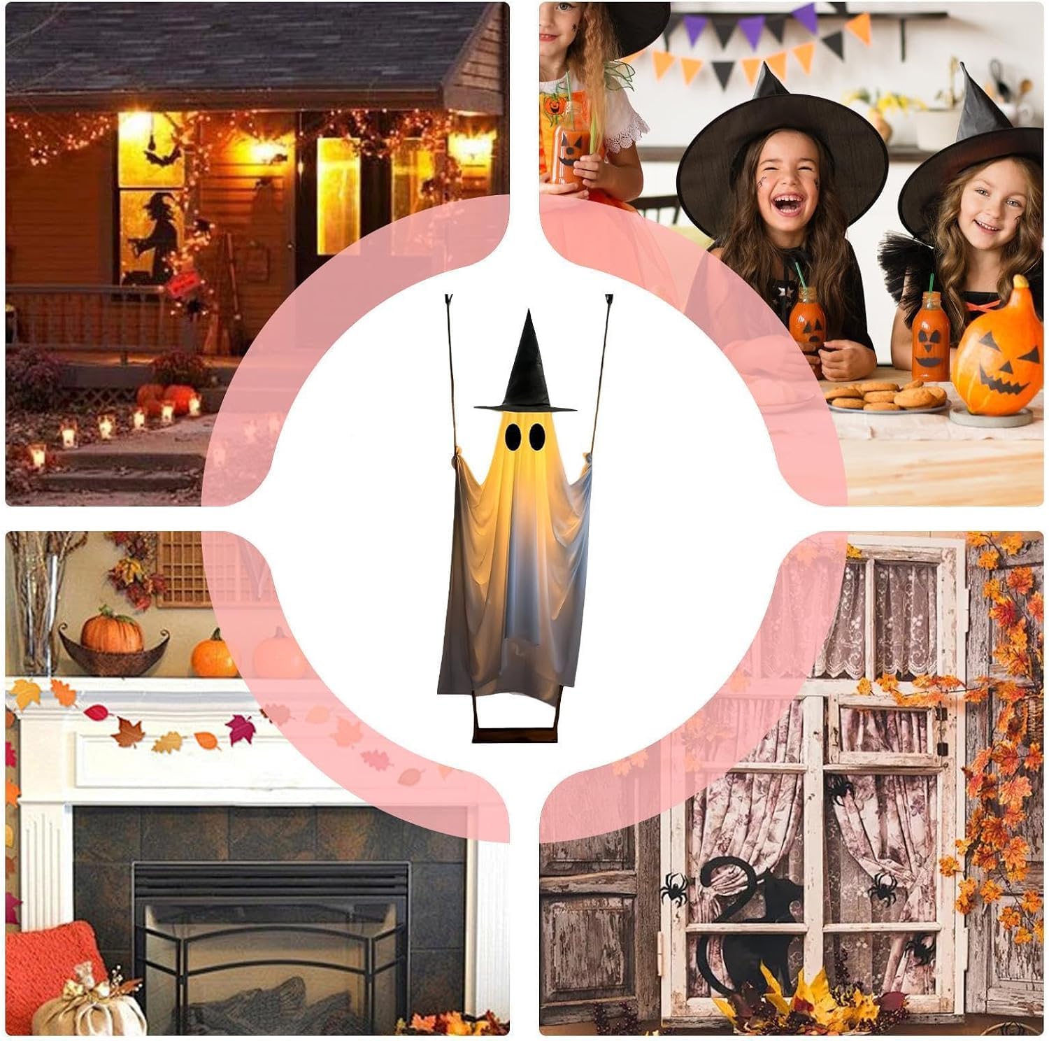 Wiszący duch dekoracja z odpinanym kapeluszem czarownicy, zdalne światło LED, wodoodporna ozdoba na werandę na Halloween, podwórko, ogród, drzewo, dekoracja na imprezę na świeżym powietrzu