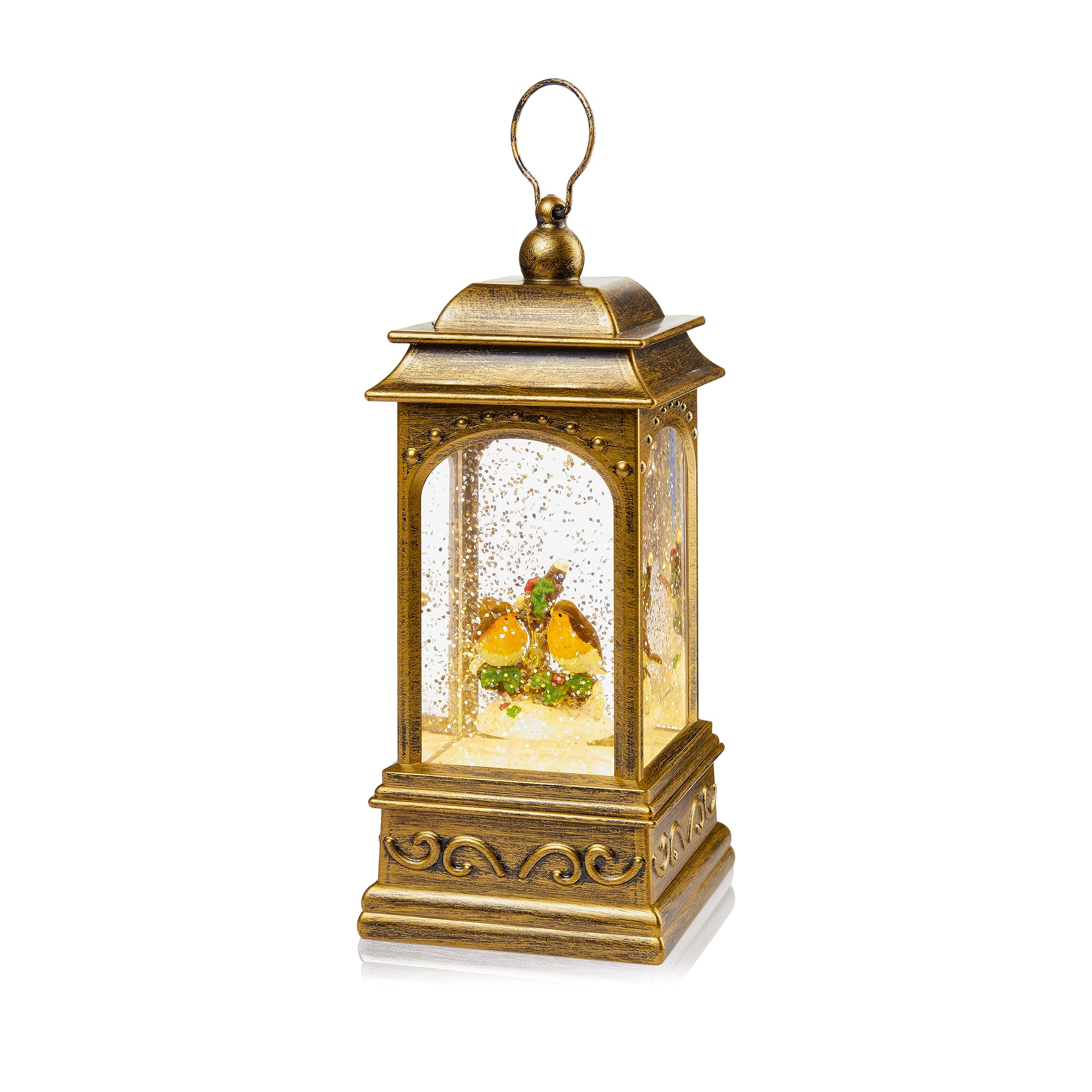 Premier Gold Christmas Festive Winter Robins Led Metal Water Lantern With Glitter Snow 21Cm Tall