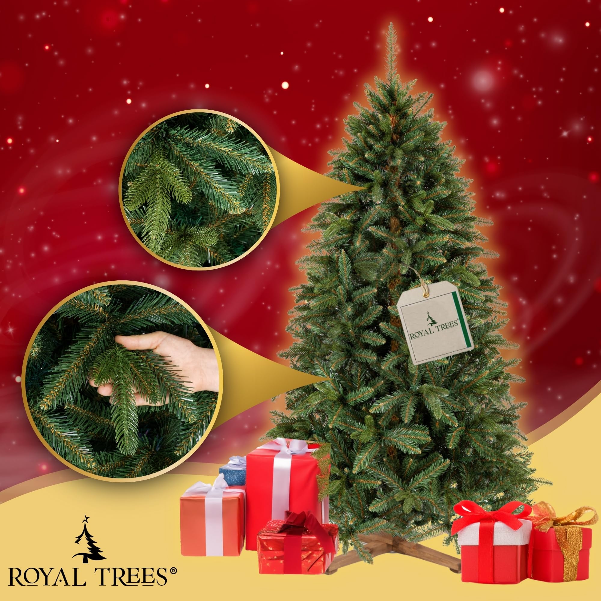 Árbol de Navidad artificial de 180 cm – Abeto siberiano artificial realista y denso con 755 puntas y soporte de madera, Christmas Tree árbol de Navidad verde realista, incluye bolsa de