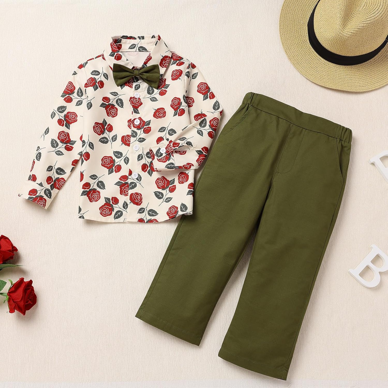 IDOPIP Boys Valentine’s Day Outfit Rose Heart Print Shirt Pants Set with Bowtie for Toddler Kids Formal Suit Birthday Wedding - Image 2