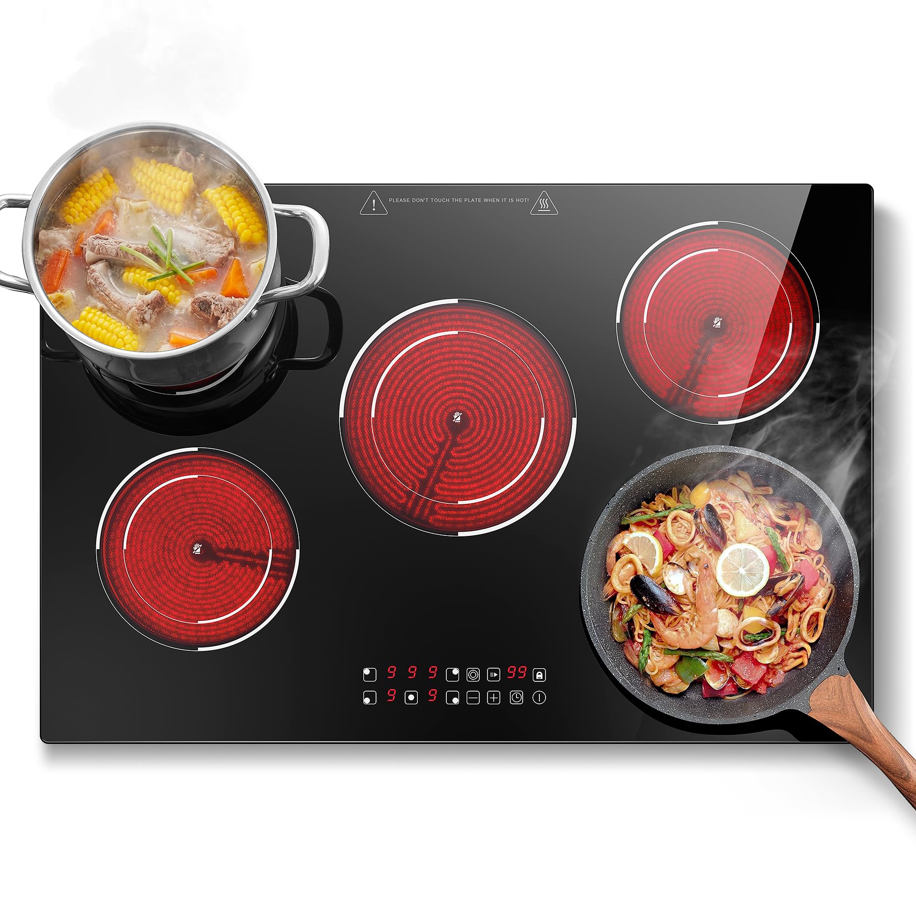SNDOAS Płyta grzewcza ze szkła ceramicznego, 5 płyt, 5 płyt grzewczych 77 cm, płyta kuchenna do zabudowy z wtyczką, 9000 W, 9 stopni ogrzewania, timer 1-99 minut, automatyczne wyłączanie