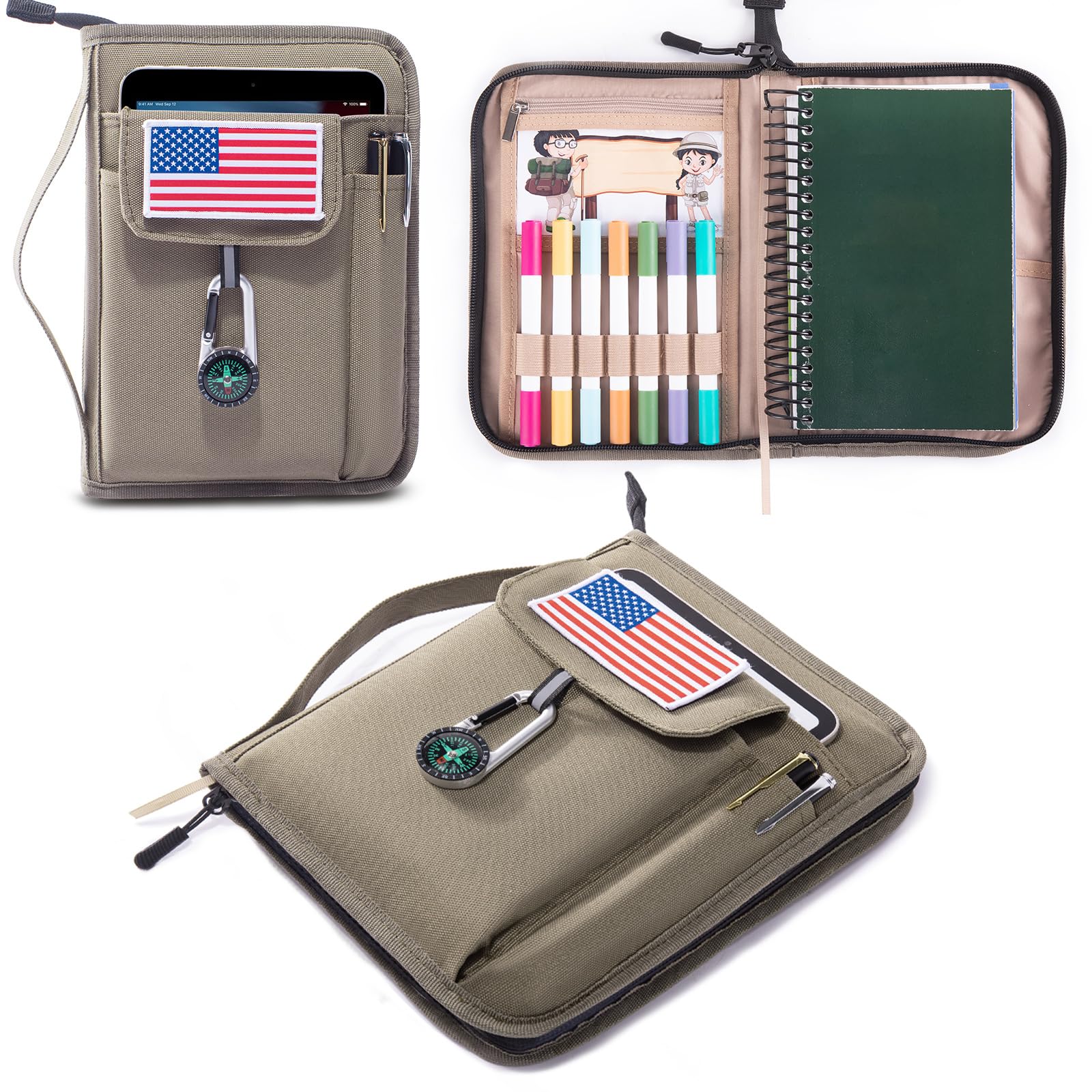 Handbook Book Cover Compatible with BoyScoouts Handbook with Amercan Flag Patch and Compass - Book Sleeve - Handbook Protector for Boys Girls