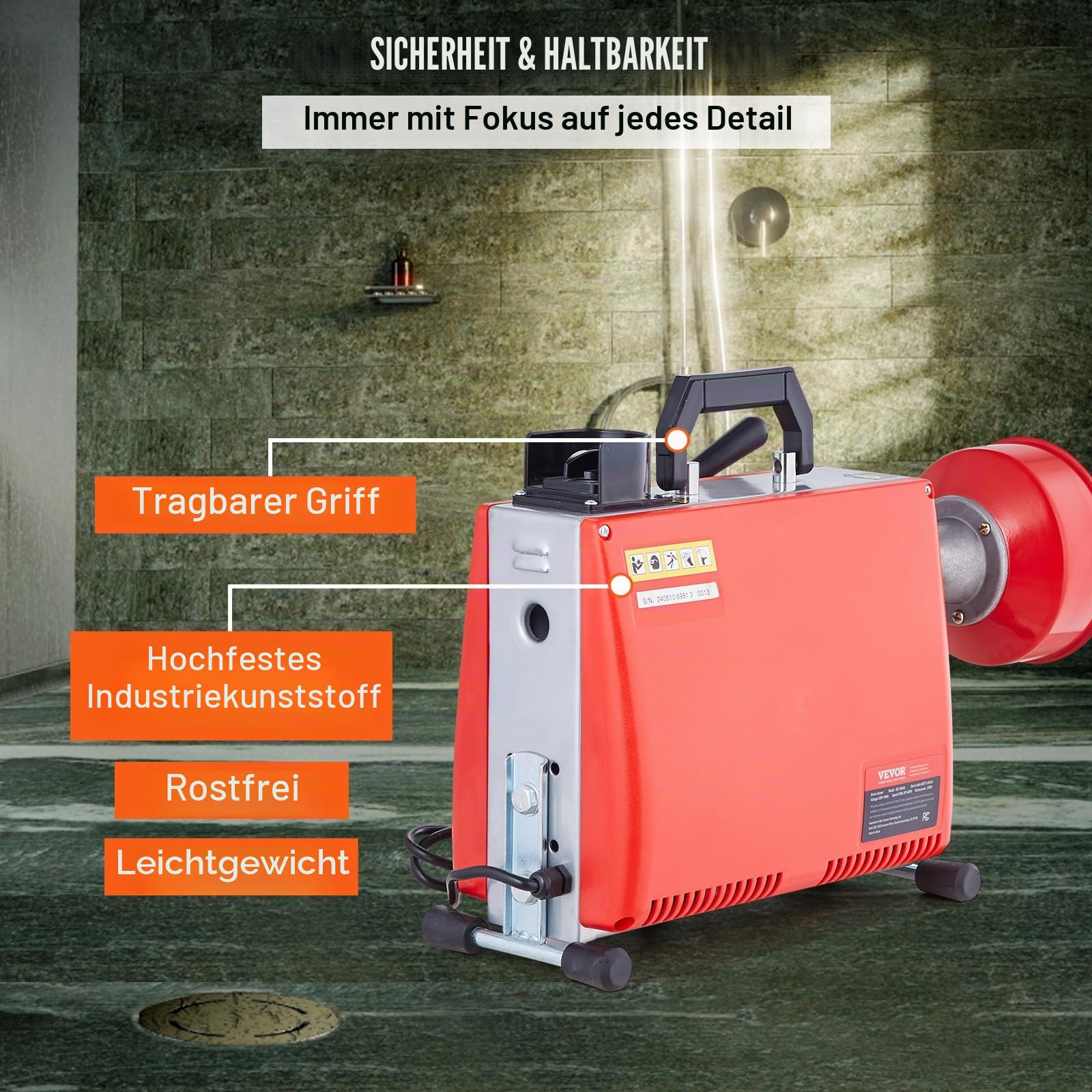 VEVOR 250W Rohrreinigungsmaschine Rohrreinigungsgerät, 20mx15,8mm/4,6mx9,5mm Stahlseile für Rohre von 4-10 cm, mit 7 Schnellwechsel-Rohrschneidern für Wohnungen, Büros und öffentlichen Räumen