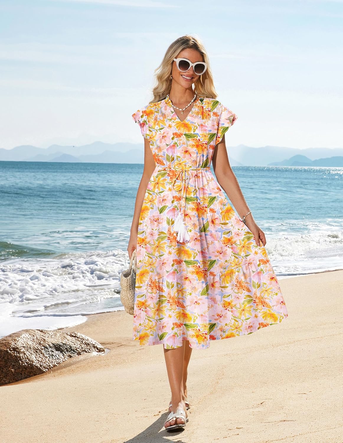 GRACE KARIN Womens Summer Floral Midi Dresses Short Sleeve Beach Wedding Guest Dress Drawstring Long Flowy Dress with Pockets - Image 3