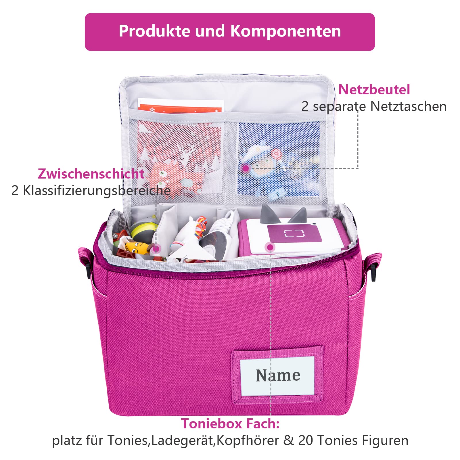 Tasche Kindergepäck viel Platz für Toniebox Figuren Tigerbox Transport Folie Hörfiguren Musikboxen Musikwürfel Ladegerät Kopfhörer Tigercard ideal für Tonie Starterset (Rosa Polyester)