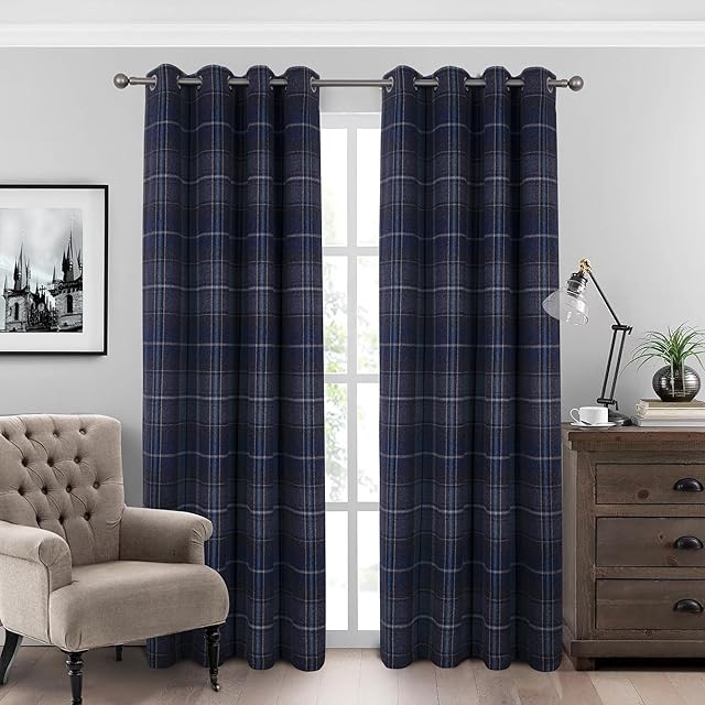 always4u 100% Blackout Curtains Check Eyelet Curtain Bedroom Tartan Curtains Plaid Brushed Cheque Pair of Highland Woolen Look Window Treatment for Living Room Navy Blue 46 * 72 Inches