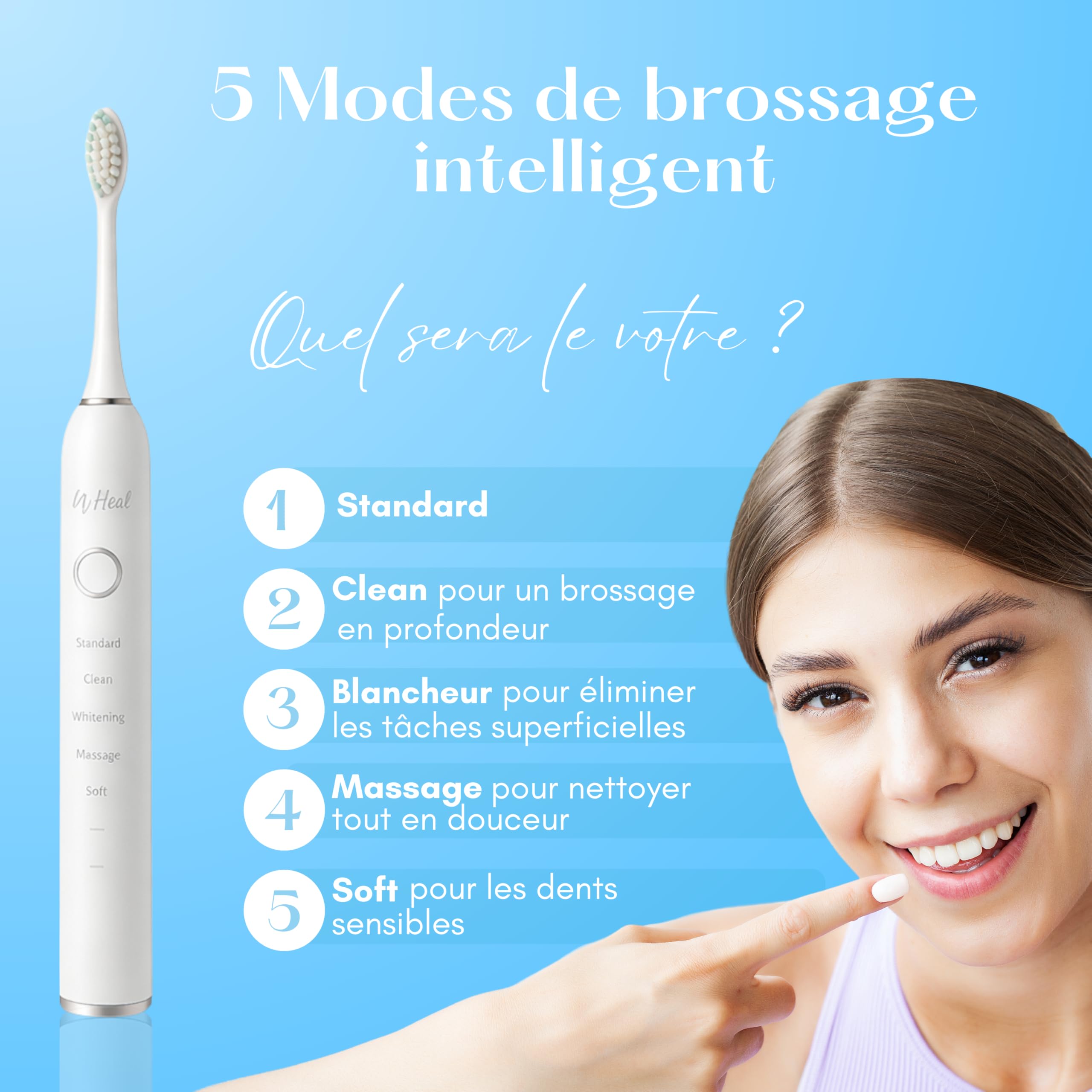 * MY HEAL* | Cepillo de dientes eléctrico sónico | 3 meses de duración | 5 modos de cepillado con temporizador de 2 min integrado | Recargable USB | Paquete de 1 cepillo de dientes y 2 cabezales de