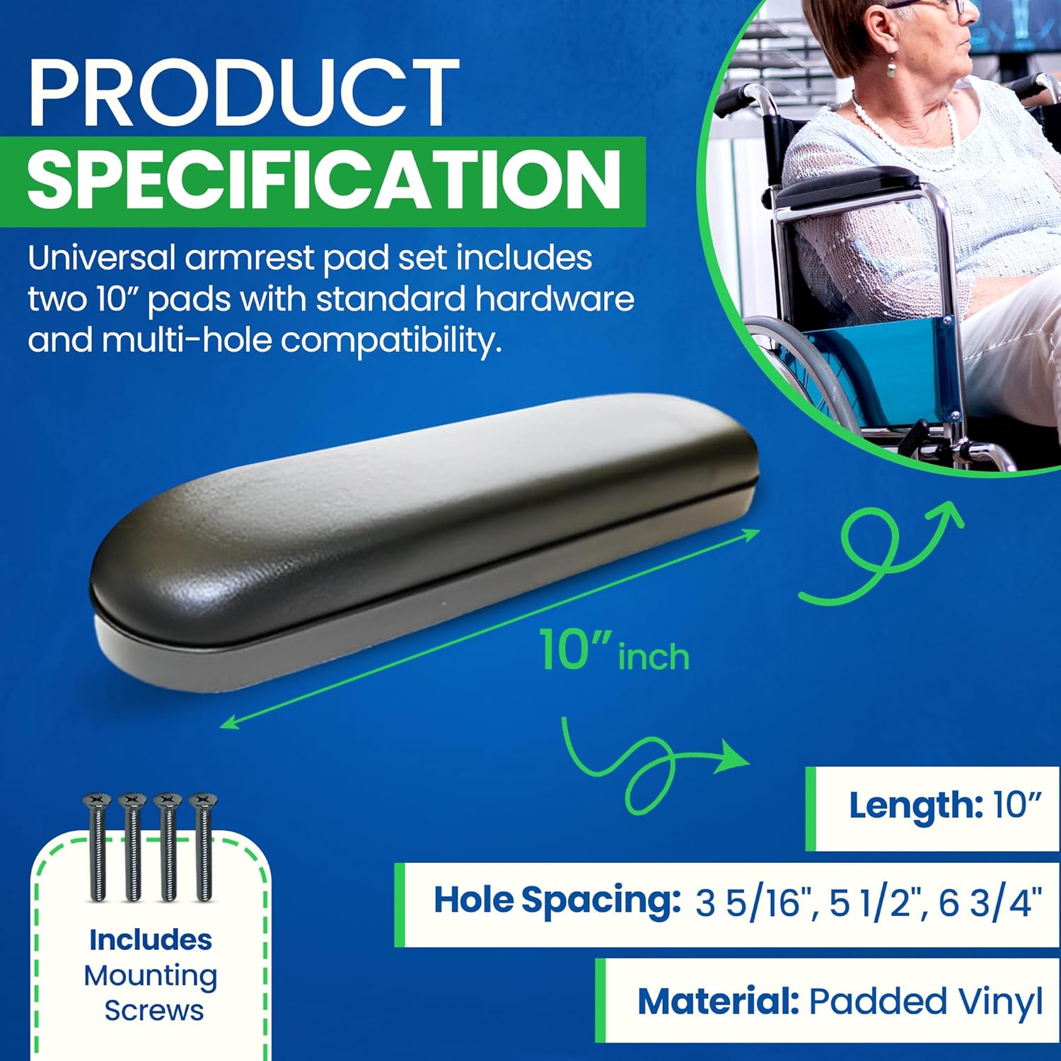 Healthline Padded Armrest For Wheelchairs Vinyl Pair, Universal Arm Pads Replacement 10" DESK ARM, Black : Health & Household