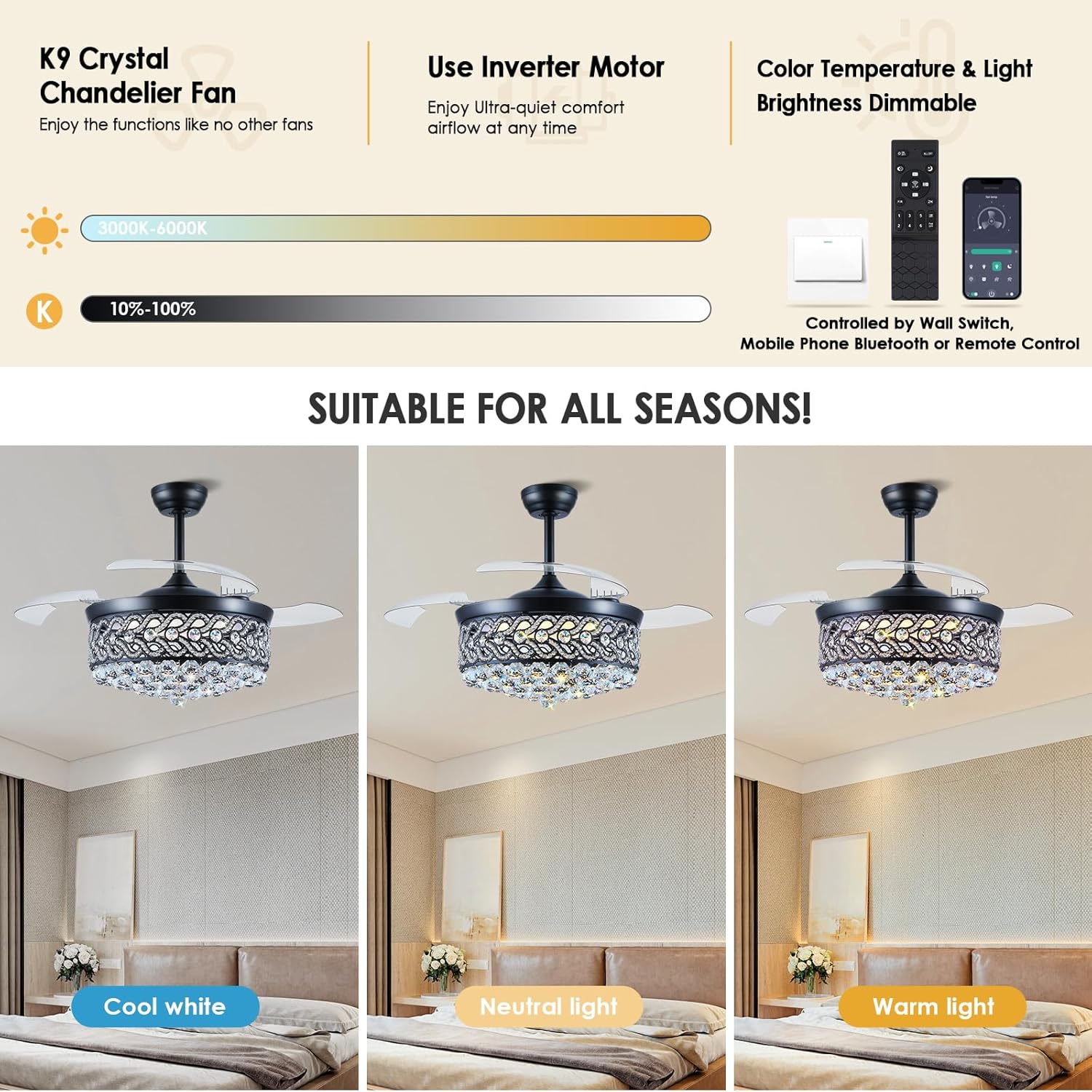 Asyko 48" Black Crystal Retractable Ceiling Fan with Light, Modern Retractable Chandelier Ceiling Fans with Remote and APP, Dimmable 3 CCT,Crystal Fandelier Ceiling Fans for Living Room, Bedroom