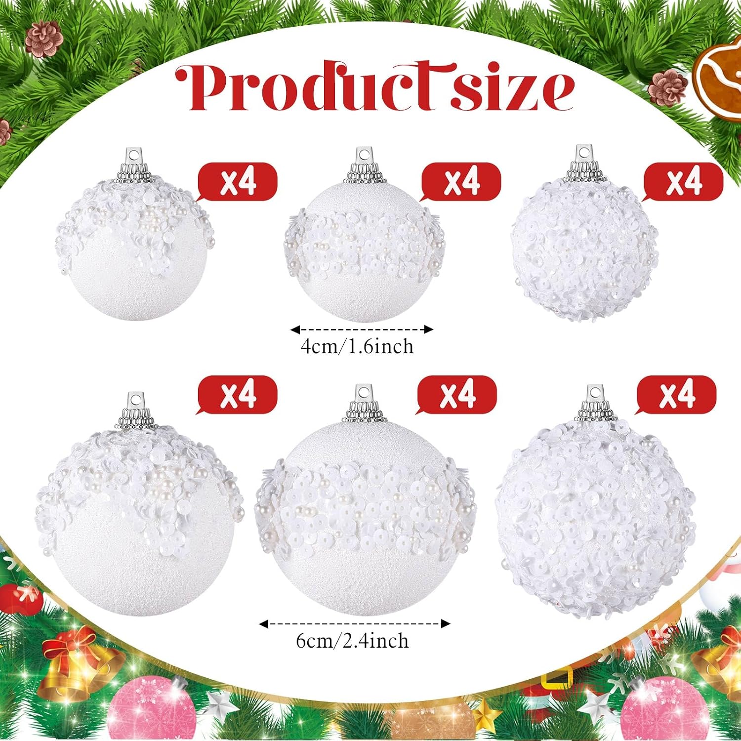 Poen 24 Pcs Glitter Christmas Ball Ornaments Set Christmas Tree Ornaments Hanging Sequin Foam Xmas Balls Decoration for Xmas Tree Wreath Garland Home Decor Wedding Party(White)
