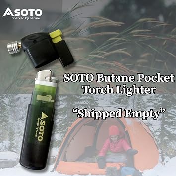 SOTO Pocket Torch Refillable Butane Lighter for Camping - Shipped Empty | Compact Windproof Pocket Lighter, Adjustable Flame, Durable and Portable for Camping, Hiking, BBQs, DIY Projects
