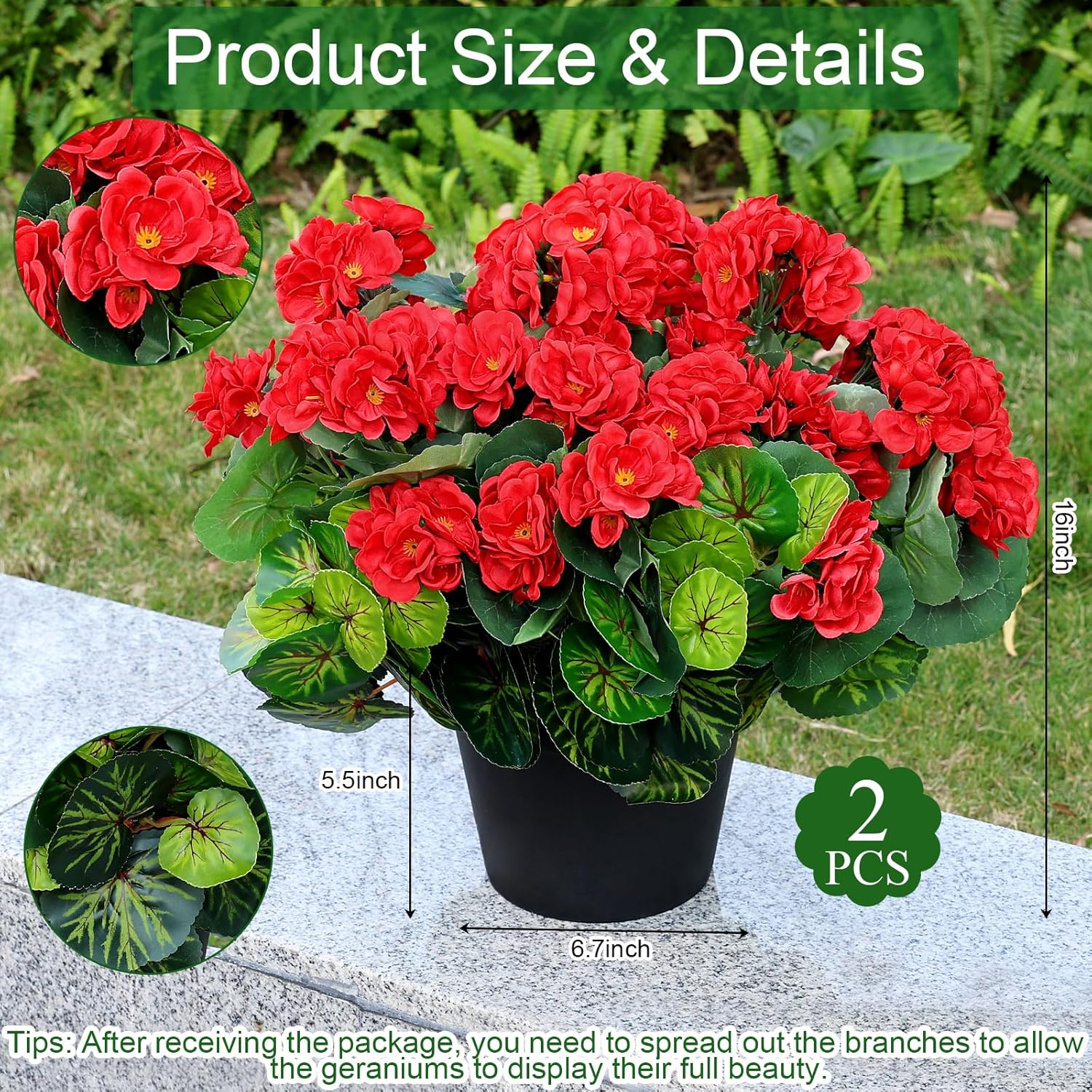 Set of 2 Artificial Geranium Potted Plant - Faux Flowers Plants in Pots Already Assembly Silk Red Fake Geraniums Realistic UV Resistant Plants for Front Doors Patios Porches Yards Decor - Red