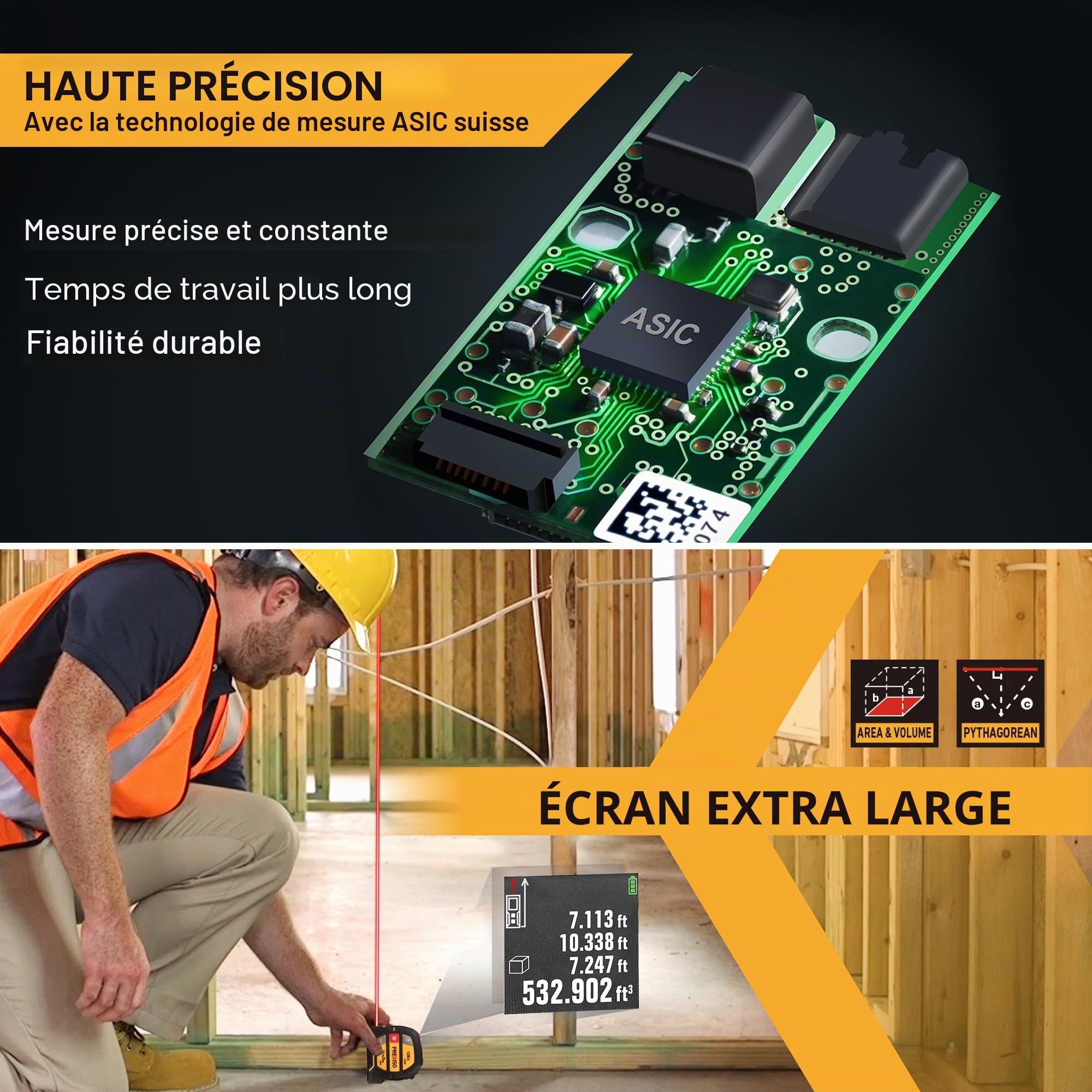 PREXISO Télémètre Laser 2 en 1, Mètre Ruban Laser Rechargeable avec Laser de 40M et Ruban de 5M, Outil de Mesure Laser avec Crochet Magnétique Mobile, Mode Pythagore, Unité à Changement Libre