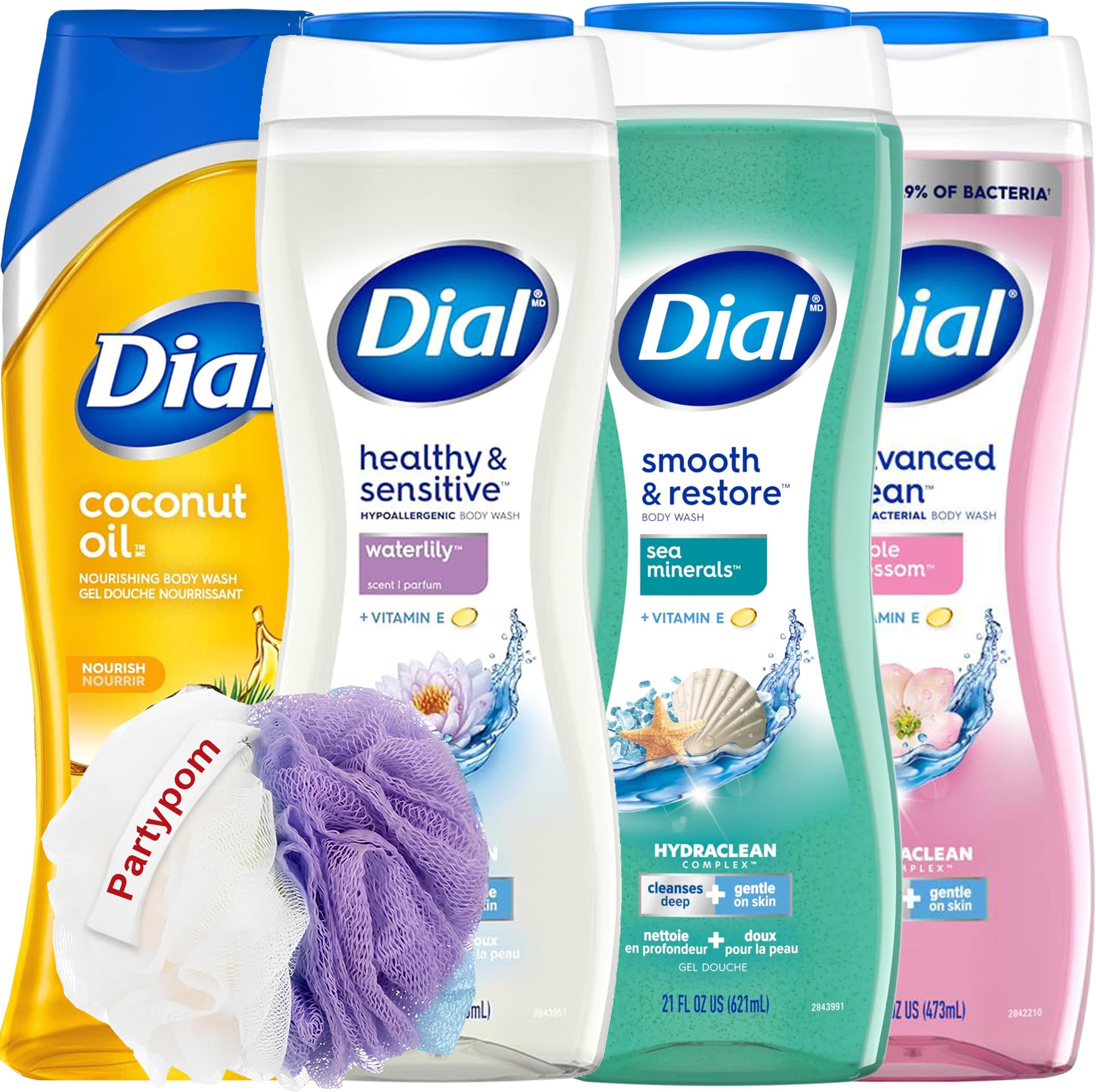 Dial and Tone Body Wash Variety Set of 4, Includes Coconut Oil, Sea Minerals, Miami Glow Up, Aloe, Assorted Sizes, Plus Bonus Party-pom Pouf