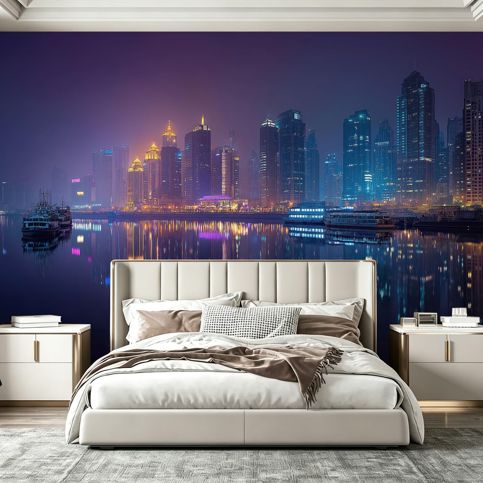 Fototapeta z włókniny, panorama miasta, widok nocny i odbicie rzeki, 250 x 175 cm, fototapeta, sypialnia, salon, nowoczesna tapeta ścienna, tapeta ścienna, wykonana na miarę, ciemnofioletowa