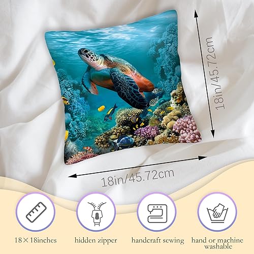Miniatura 3 de Juego de 2 fundas de almohada de tortuga marina de 18 x 18 pulgadas, fundas de almohada cuadradas decorativas de peces tropicales oceánicos para el