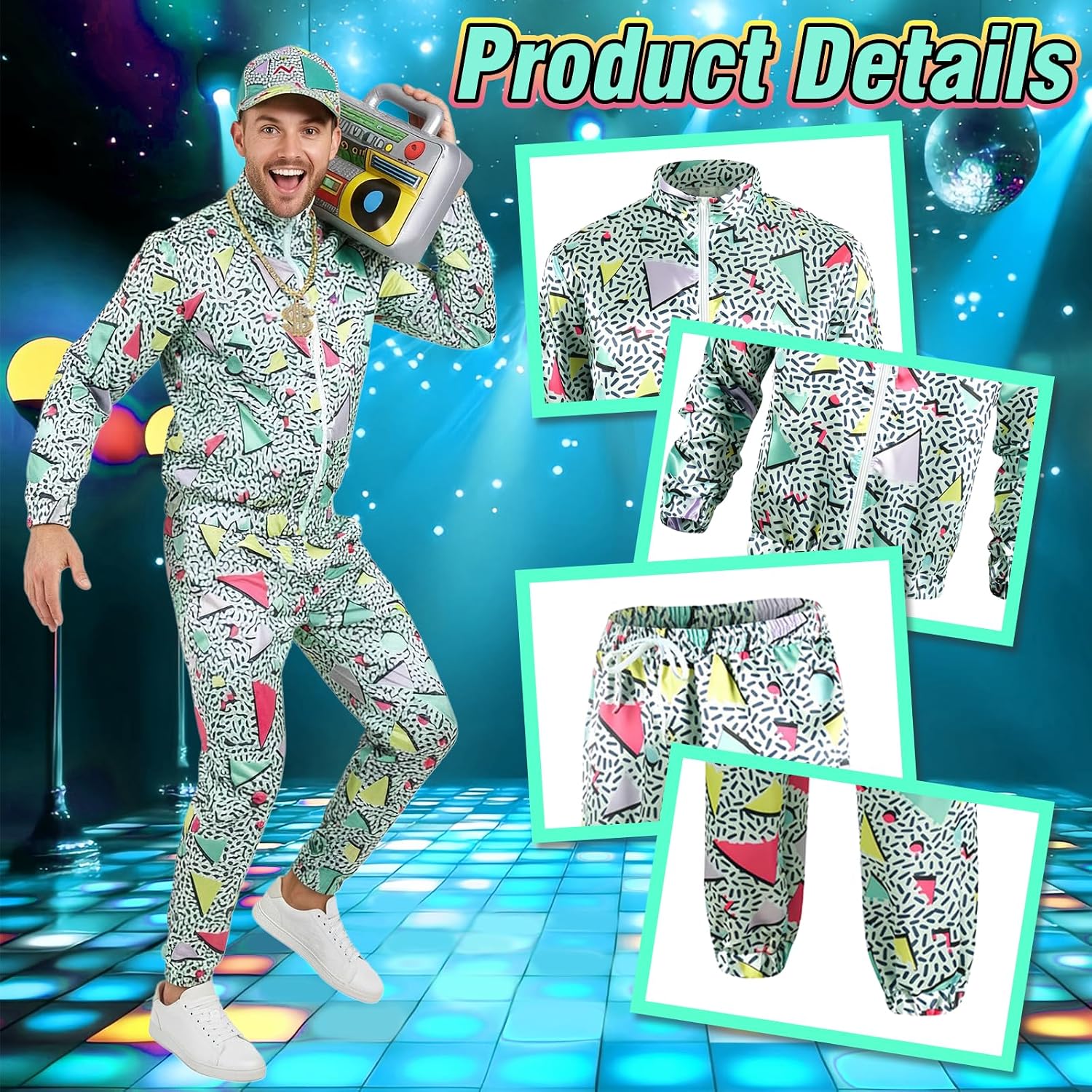 Xerteam Retro 80s 90s Outfit for Men, Vintage Tracksuit Set with Jacket and Pants, Hip Hop Streetwear Costume