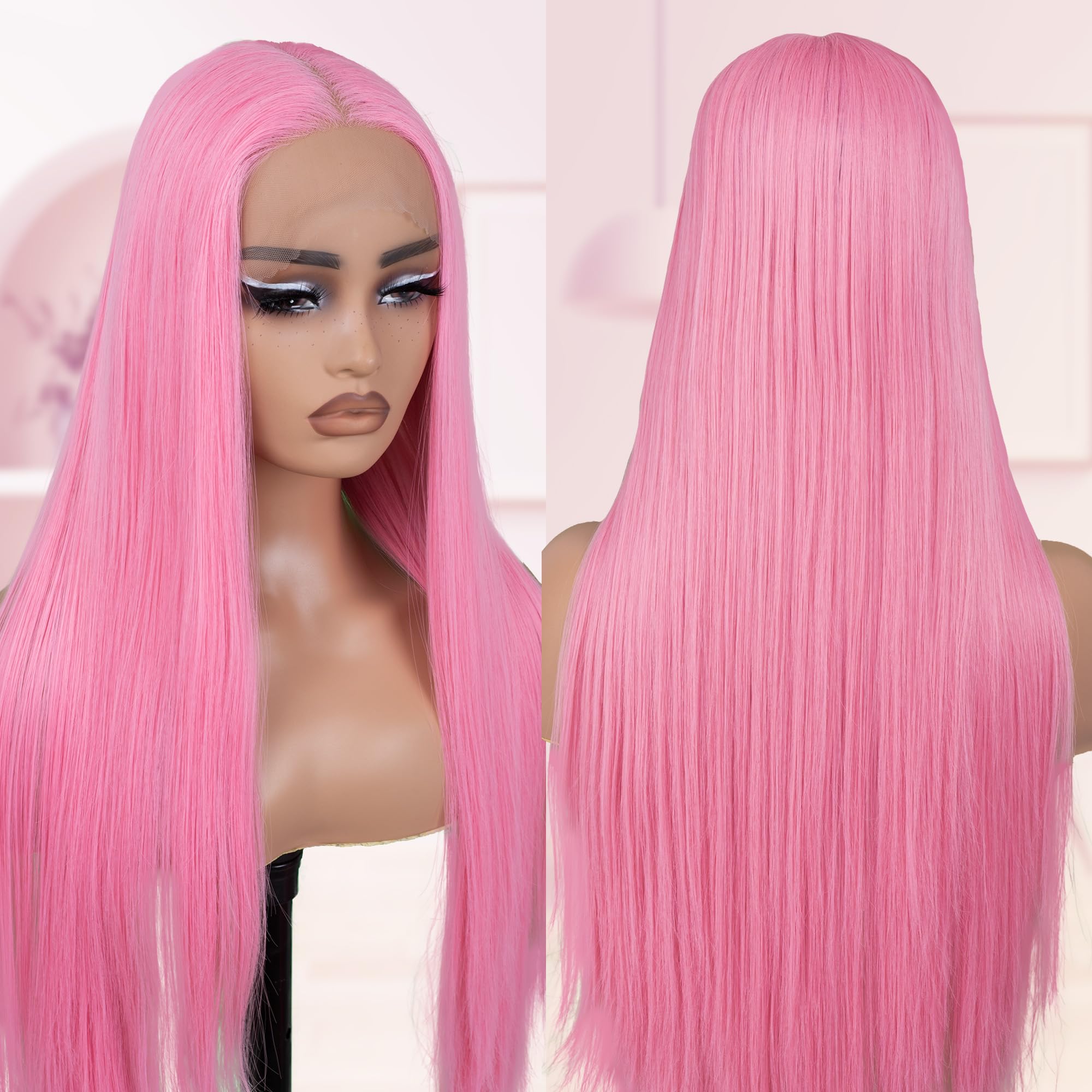 Lace Front Pink Straight Synthetic Hair Wig 30\