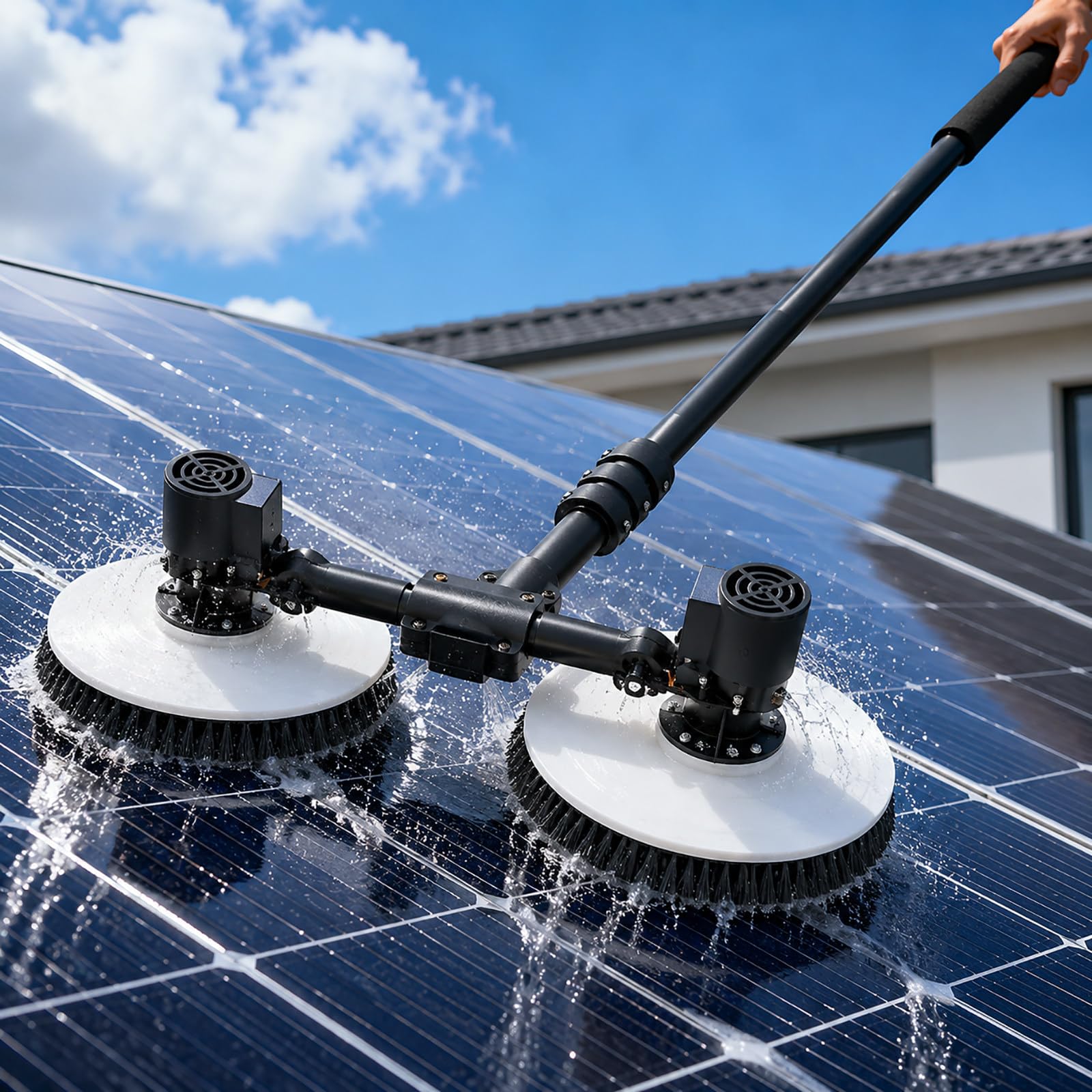 vnmudzeo Rooftop Solar Panel Cleaning Brush – Electric Dual Head PV Cleaner with 380 RPM Rotating Brushes and Water Fed Telescopic Pole Design 7.5m(24.6ft)