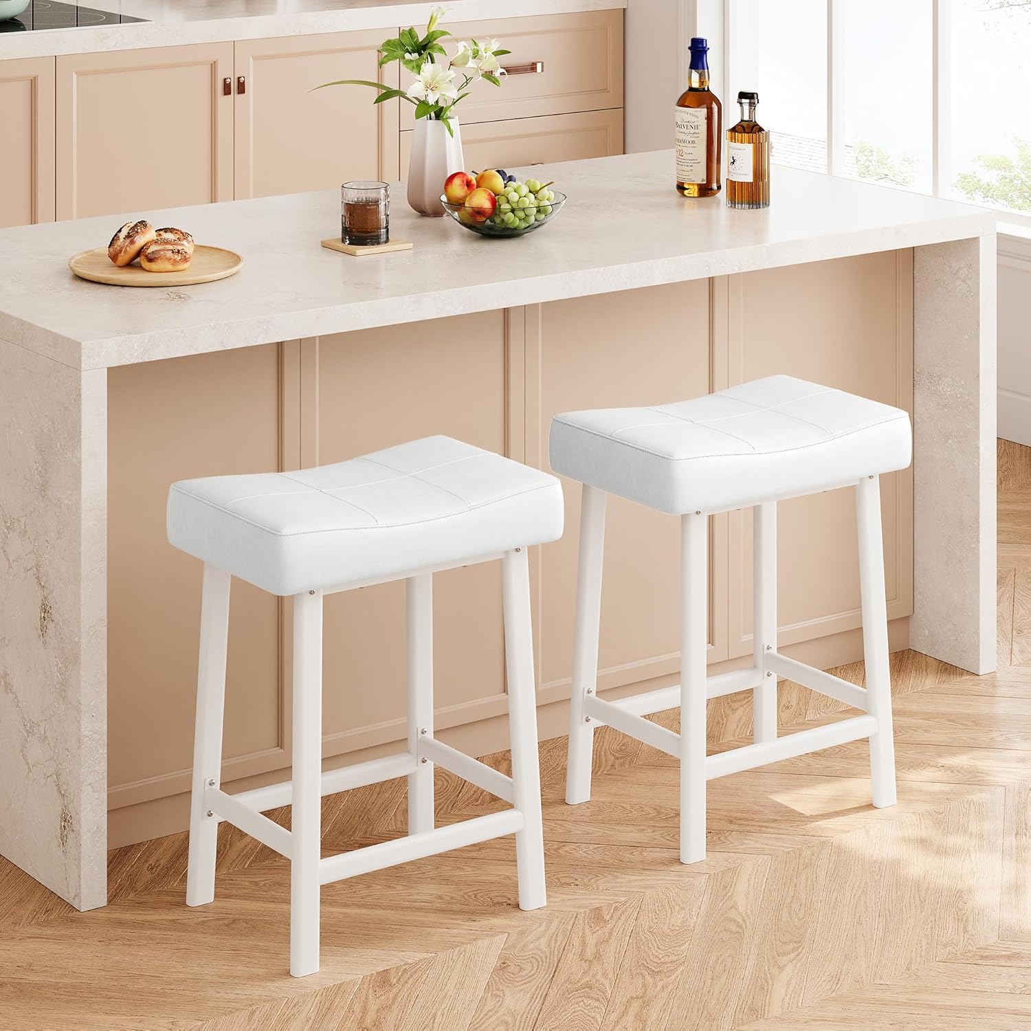 Counter Height Bar Stool Set of 2, 24 Inch Modern Upholstered Barstools for Kitchen Island, Padded Saddle Seat with Curved Cushion, Metal Base, Easy Assembly, White