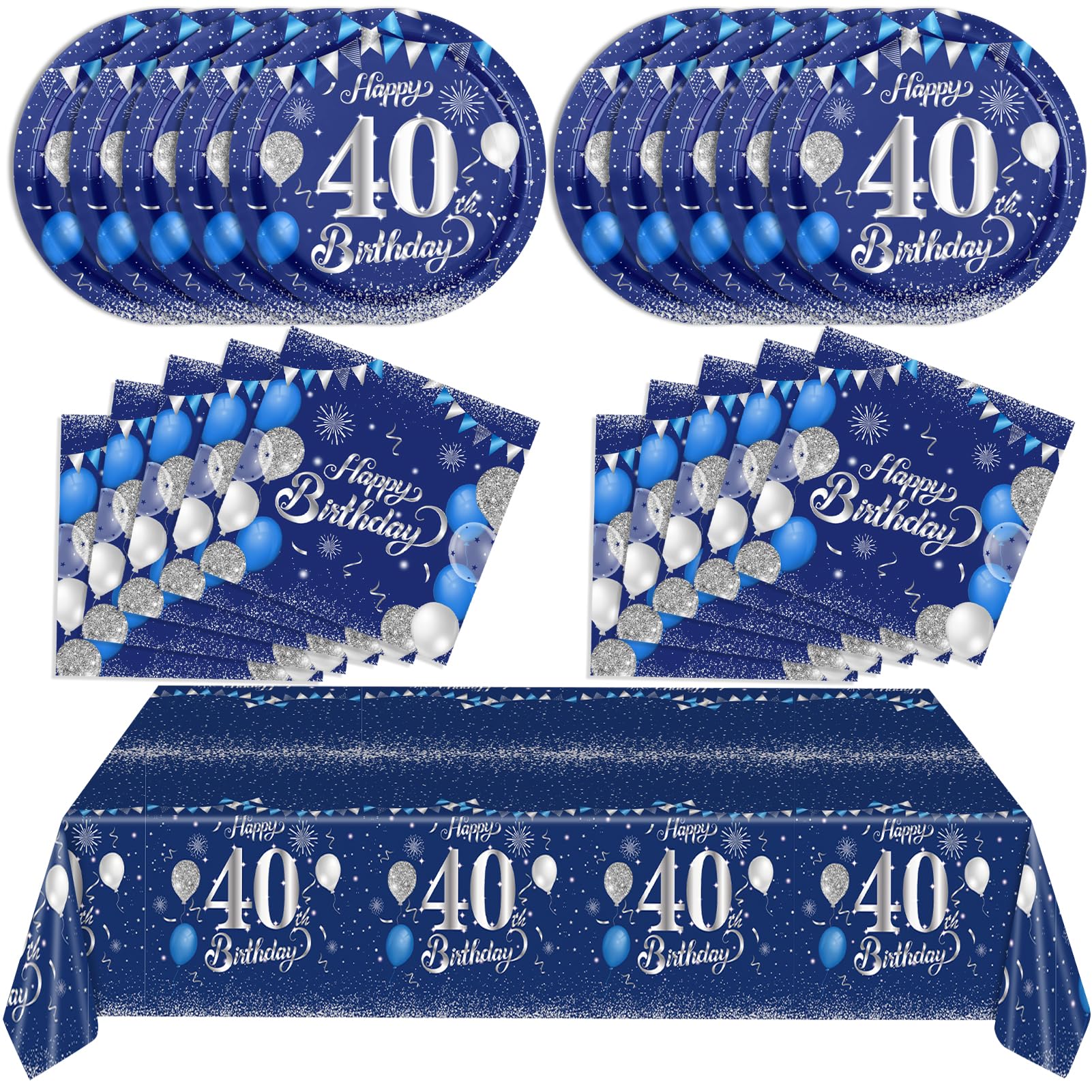 Blue 40th Birthday Decorations for Men Navy Blue Silver Happy 40th Birthday Plates,Table Covers and Napkins for 40th Birthday Anniversary Party