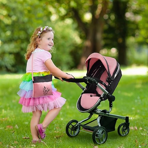 Miniatura 6 de Cochecito de muñeca convertible realista 2 en 1 con bolsa, cesta plegable de juguete con asa ajustable, ruedas giratorias, juego de simulación para