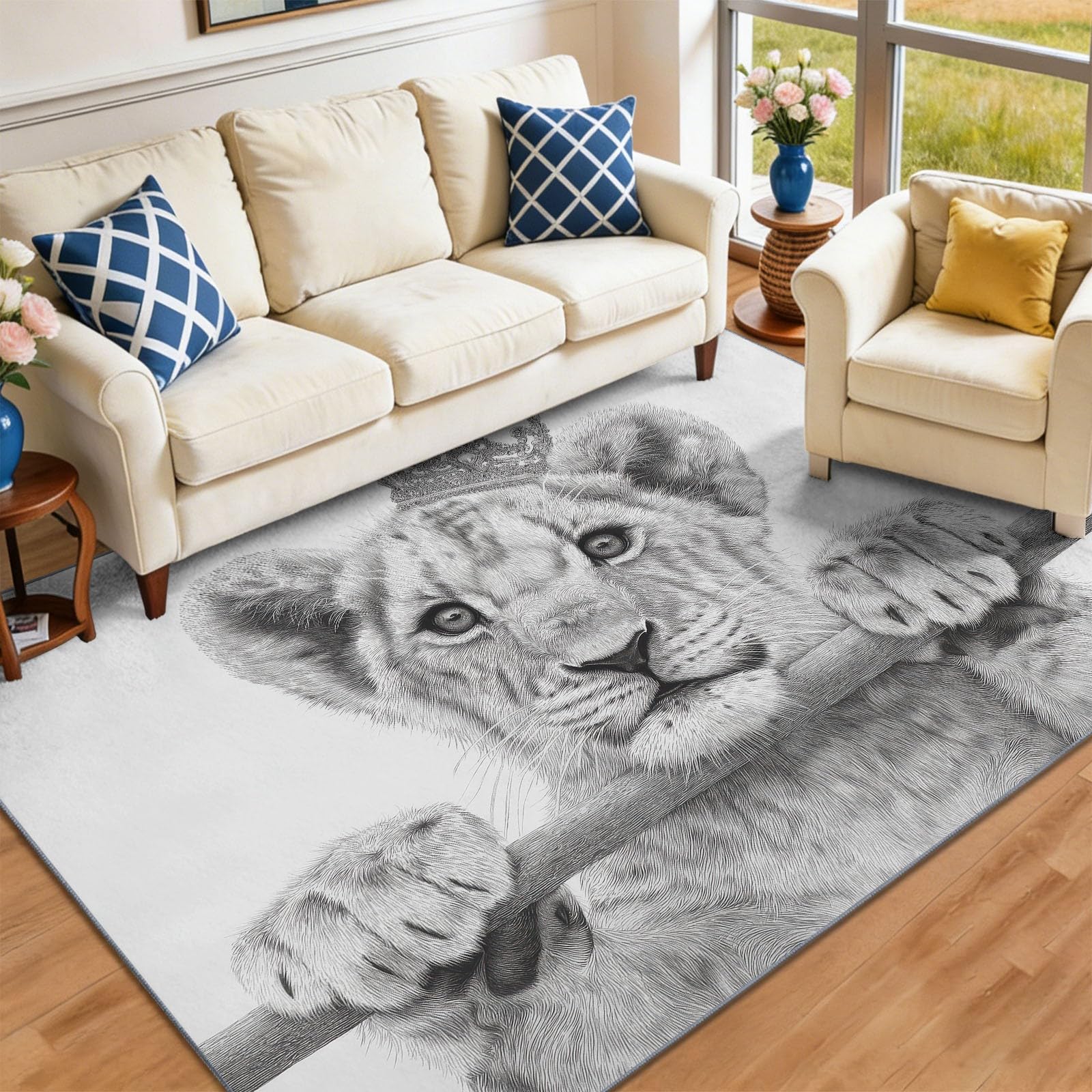 Lew zwierzę szara korona dywan do salonu 120 x 170 cm, biały dywan z nadrukiem, można prać w pralce, antypoślizgowy z krótkim włosiem do sypialni i salonu, nowoczesny design