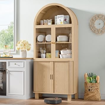 69" Tall Kitchen Pantry Storage Cabinet with Sliding Door, Oak Cupboard | Modern Curved Storage Cabinet with Glass Door & Adjustable Shelves, Cupboard for Kitchen, Dining Room, Living Room, Office