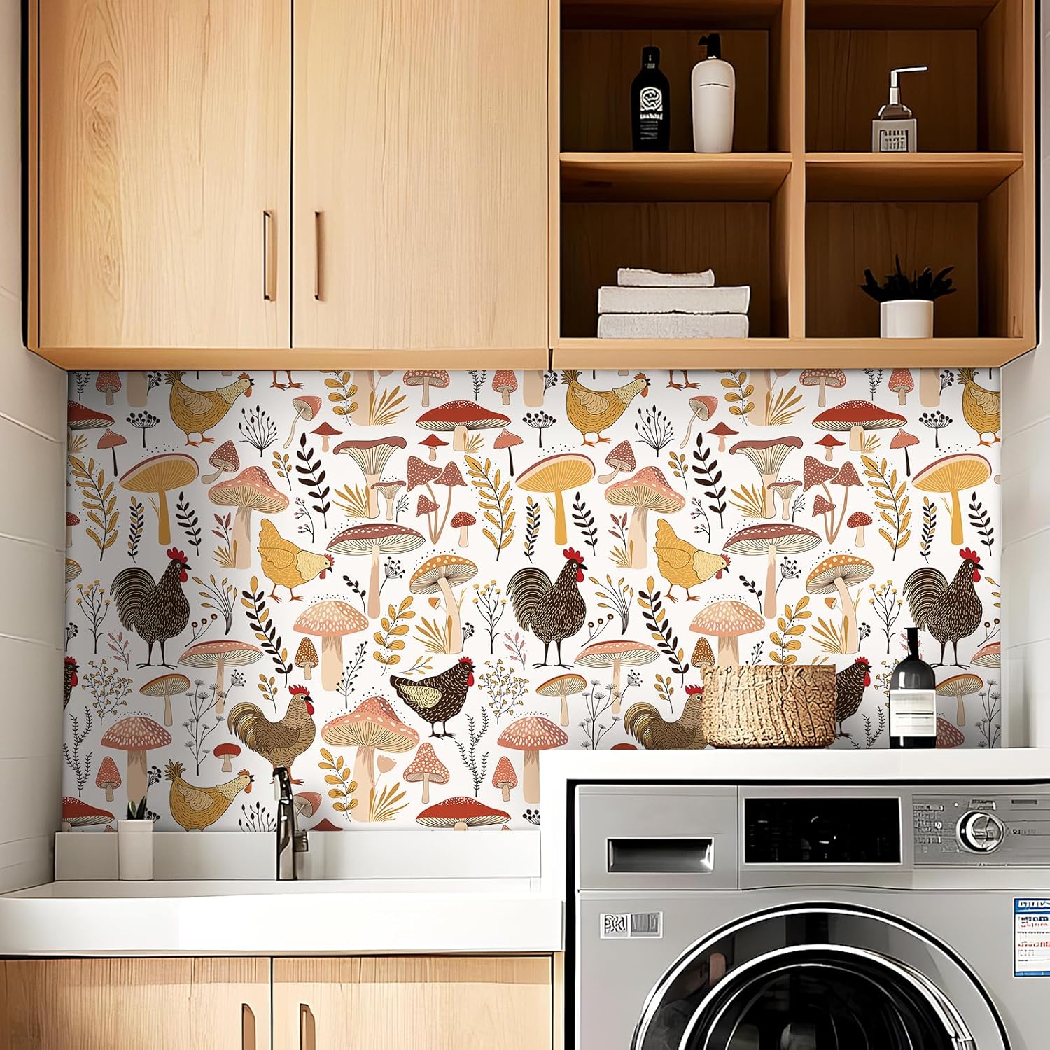 ReWallpaper 17.5in×23ft Vintage Chicken Cook Wallpaper Peel and Stick Neutral Farmhouse Rooster Wallpaper Self Adhesive Mushroom Contact Paper for Cabinet Wall Removable Rustic Farm Animal Wall Paper