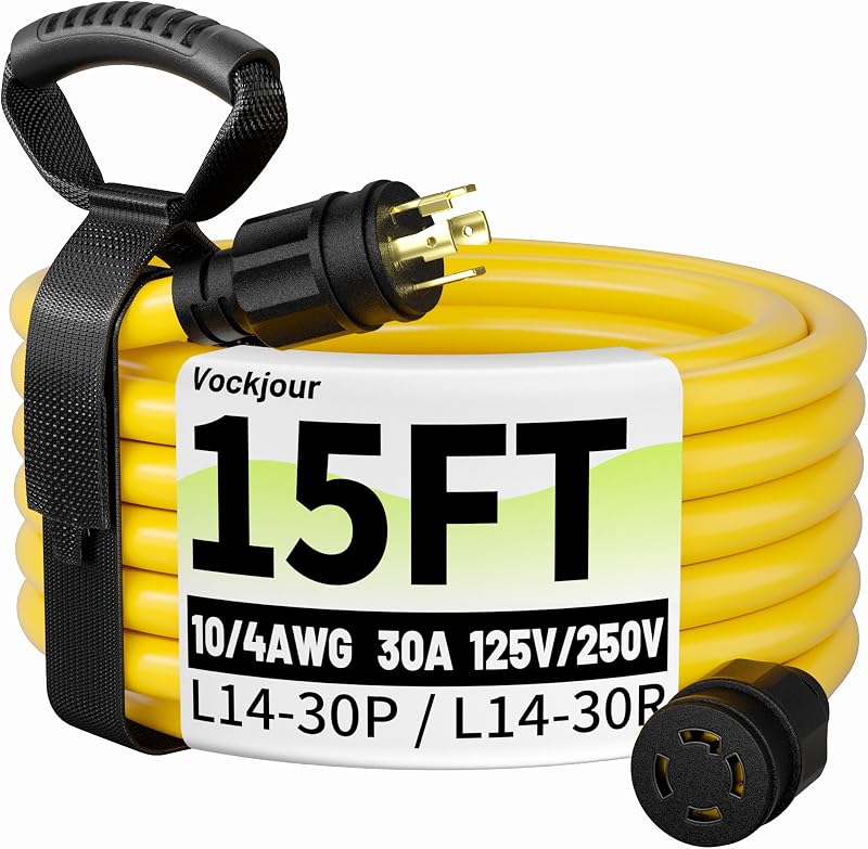 Vockjour 15FT L14-30P/L14-30R 30 Amp Generator Extension Cord, ETL Listed | 4 Prong 30 Amp Extension Cord Outdoor Heavy Duty for Camper, Home Emergencies, Twist Lock Yellow STW 10AWG 125V 3750W 15 Feet