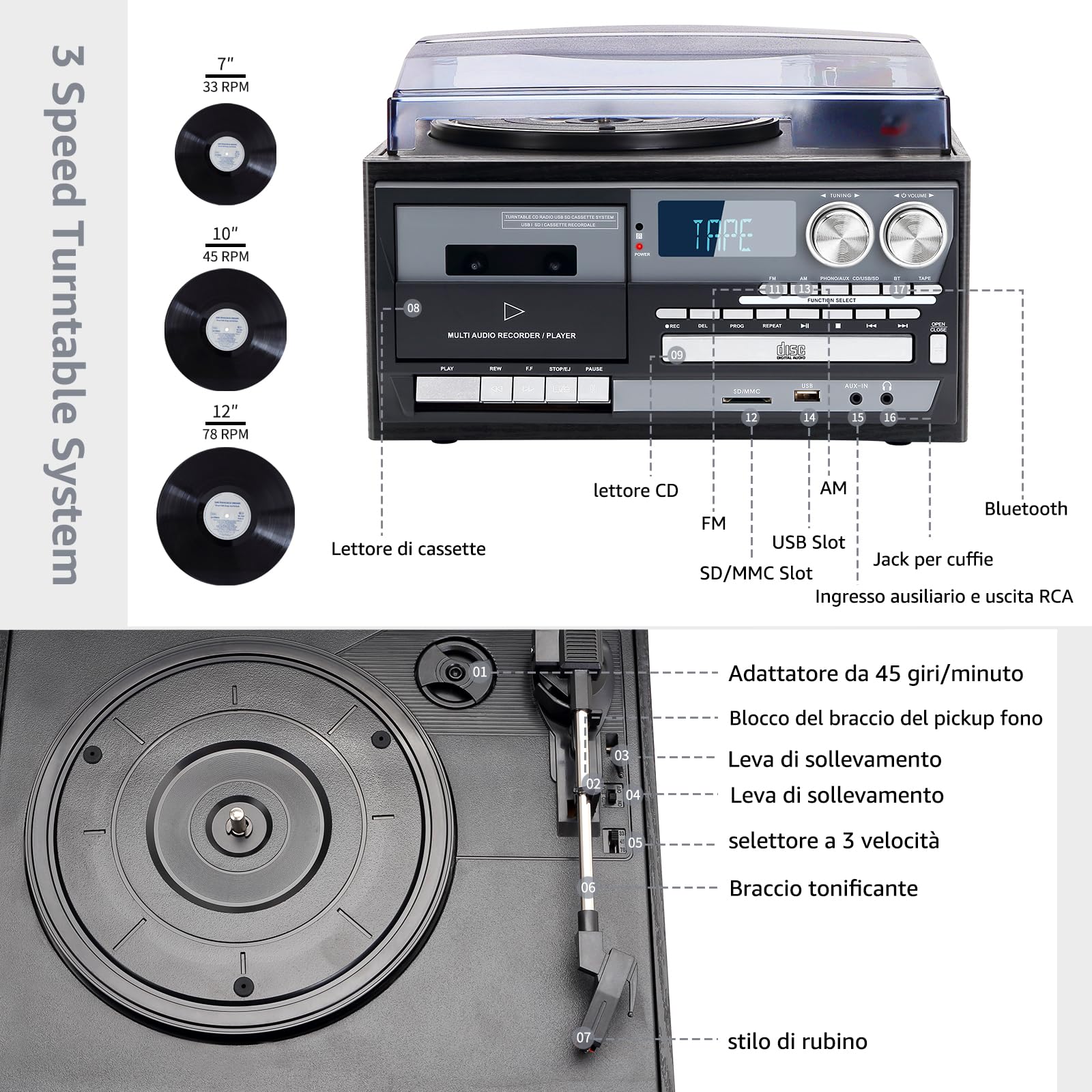 Giradischi Vintage 9 in 1 con Bluetooth, 3 Velocità, Lettore CD e Cassette, Radio AM/FM