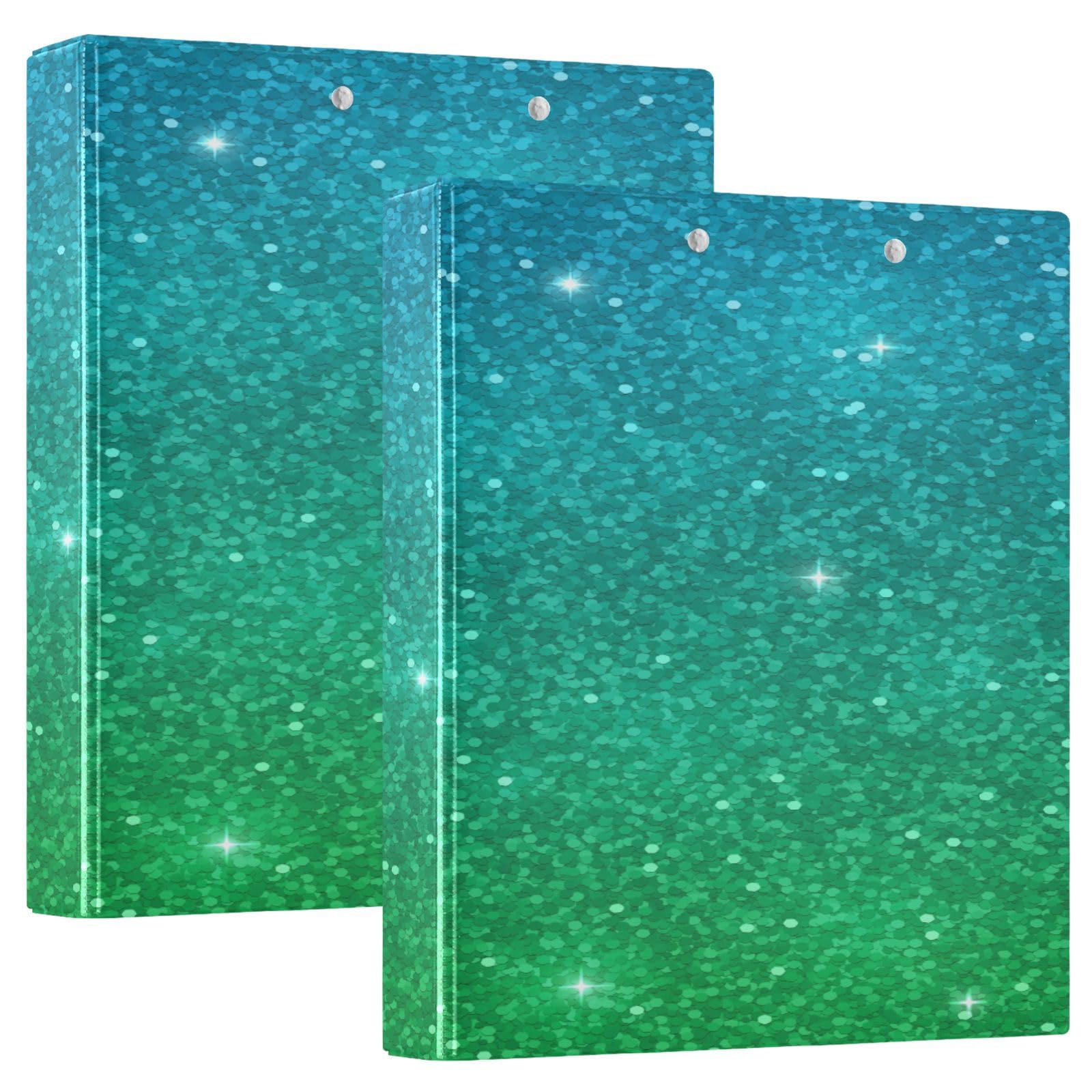 Pigsaly Round Ring Binders Blue Green Glitter 3 Ring Binder 1.5 in Gradient Shiny Sparkle Clipboard Binders with Pockets Fits 200 Sheets for School