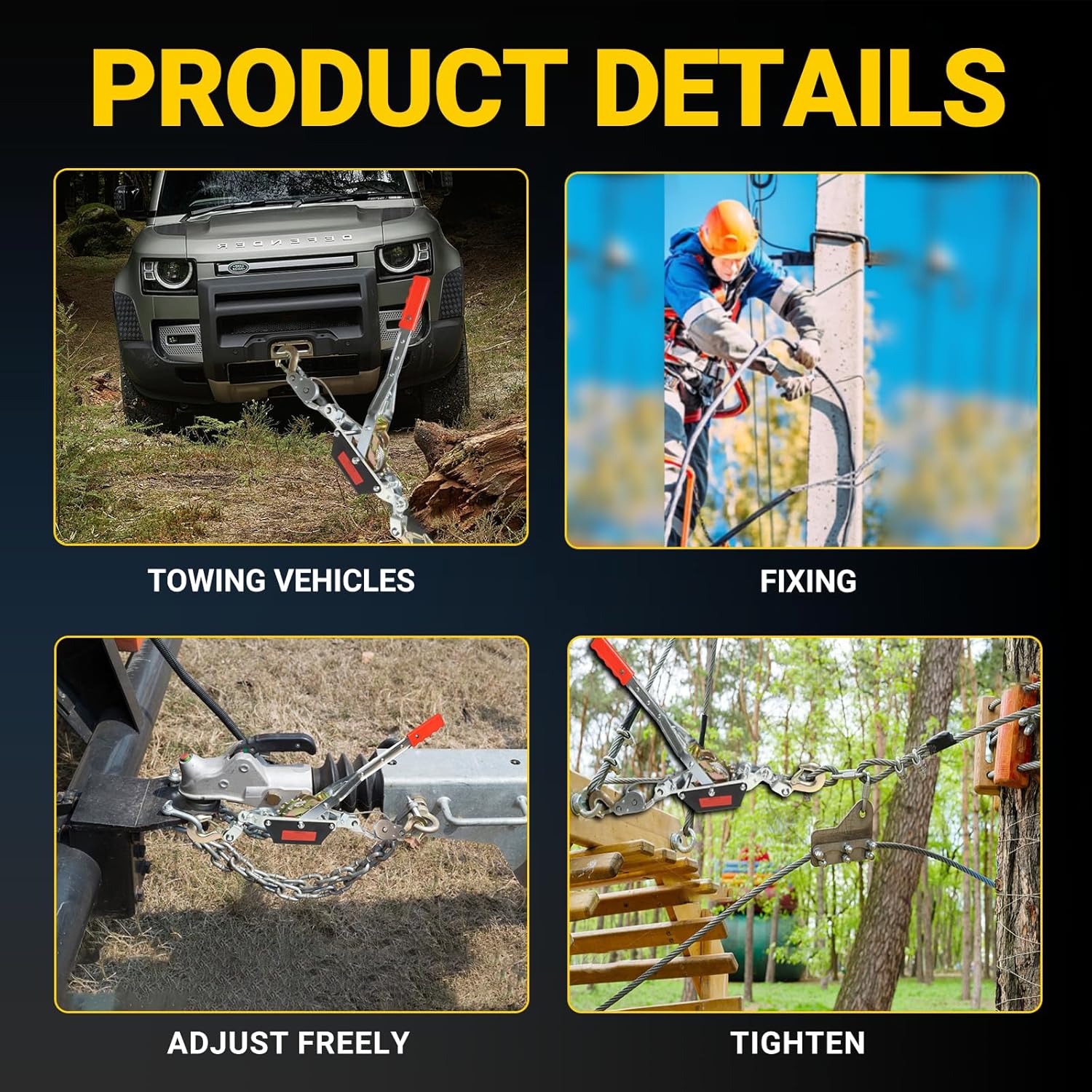 4 Ton (8800 Lbs) Come Along Winch - Heavy Duty Hand Winch with Dual Gears, Steel Cable & 2 Hooks for Vehicle Recovery, Pulling Trees, Fence Stretching