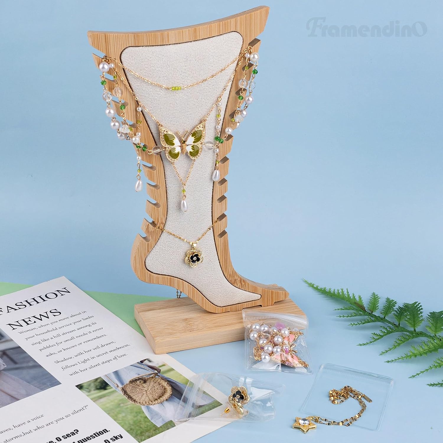 Framendino, Foot Anklet Display Stand Chain Storage Holder Wooden with 10 Clear Jewel Bags White