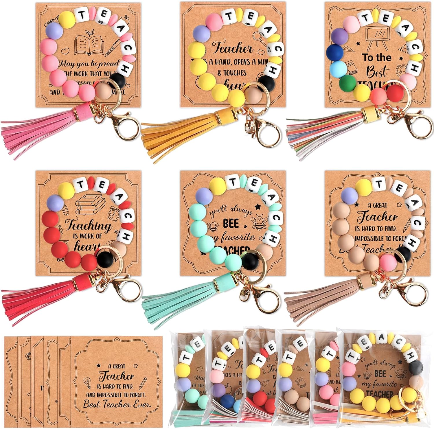 6 Sets Teacher Appreciation Gifts Bulk Thank You Teacher Bracelets Keychains with Cards Tassel Keyring Silicone Bracelet Jewelry Gifts for Women Teachers Appreciation Back to School Employee Party