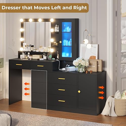 Miniatura 5 de Escritorio de maquillaje con espejo y luces, tocador negro con luz ambiental y estación de carga, mesa de tocador con cajones, estantes y tocador,