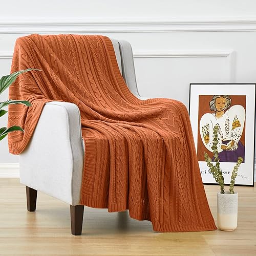 Miniatura 2 de Aormenzy Manta de punto trenzado naranja óxido para sofá cama, manta de punto acrílico, manta suave y acogedora, 50 x 60 pulgadas