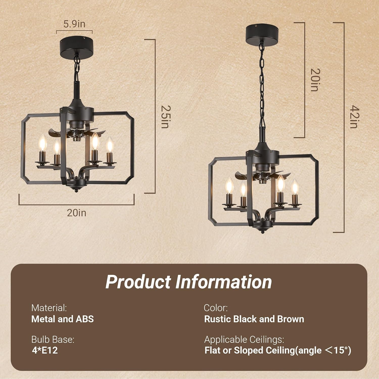 Chandelier Ceiling Fan, 20" Farmhouse Fandelier Ceiling Fans with Lights, Rustic Hanging Geometric Pendant Light Fixture for Bedroom, Dining Room, Kitchen Island, Foyer, Hallway-Black