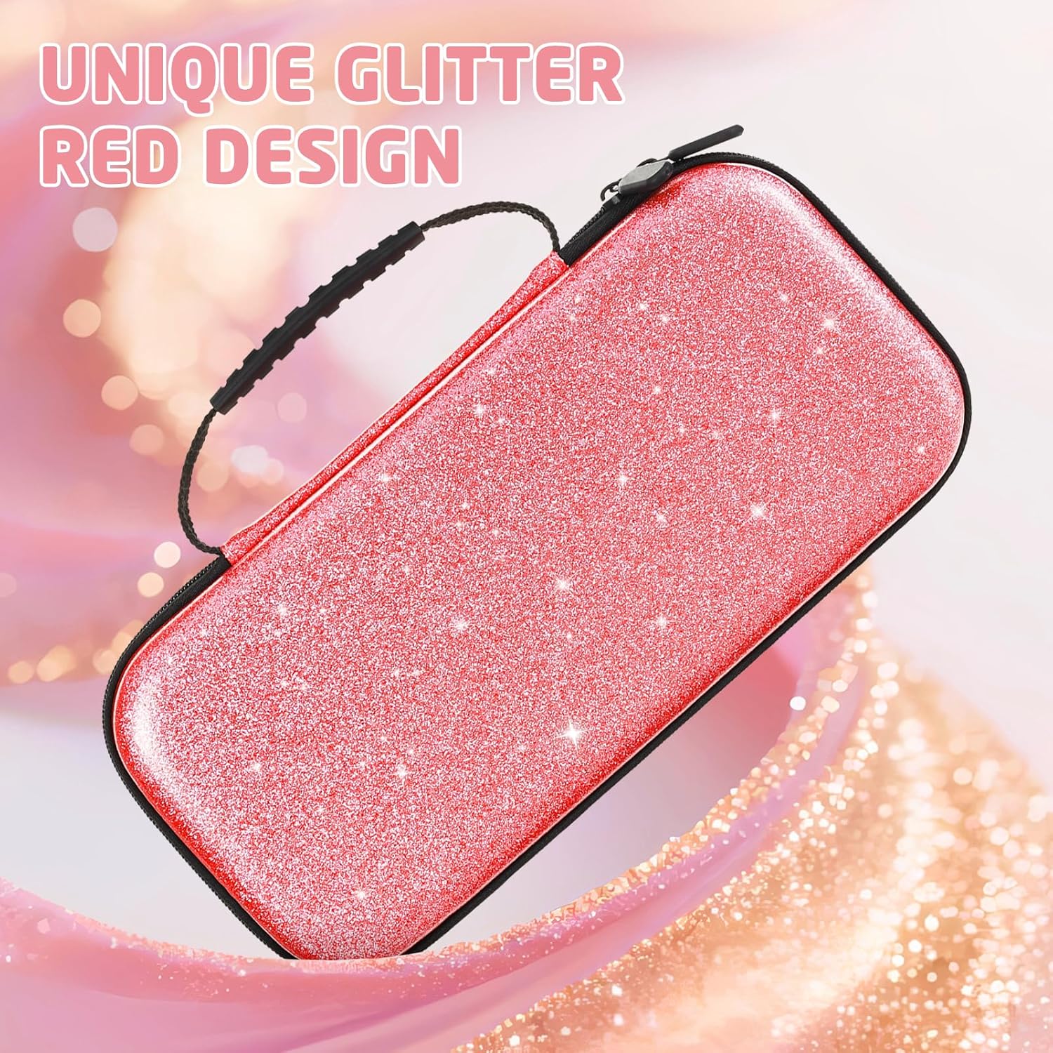 DLseego Storage Carrying Case for Nintendo Switch 2 Accessories Set, 10 Game Card Slots Cute Protective,1 Soft Silicone Case, 4 Cat Paw Thumb Grips, Slim & Portable, Sparkle, Glitter - Pink - Image 3