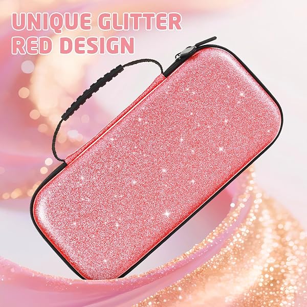 DLseego Étui de Transport Compatible avec Switch 2,Pailleté Portable Mallette de Transport de Grande Capacité avec Coque Claire Sparkle et 4PCS Poignée Joystick,Kit Rouge - 5