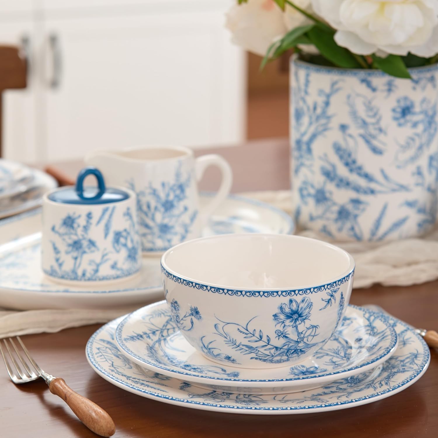 Bico Blue Garden Toile De Jouy Ceramic Sugar and Creamer with Mugs Set, Afternoon Tea Set, Microwave & Dishwasher Safe